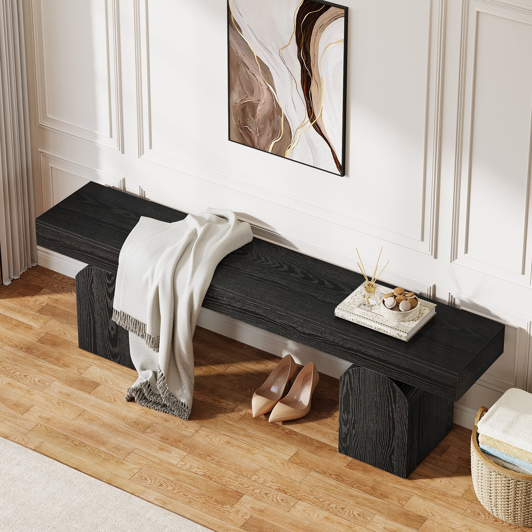 Halbank van 150 cm in Zwart met Gebogen Onderstellen, Houten Binnenbank voor Entree en Woonkamer