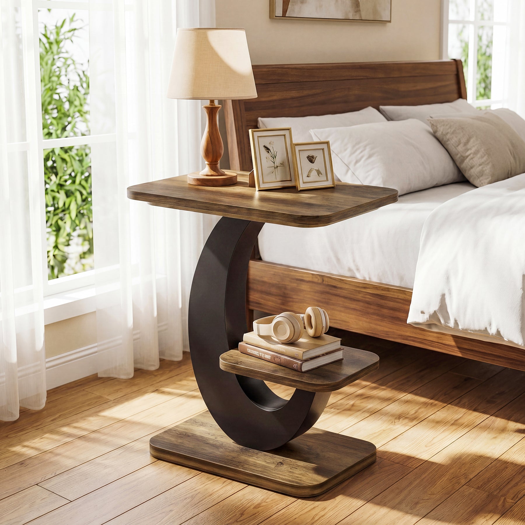 60 cm Smalle Bijzettafel met 2 Niveaus, Industriële Houten Sidetable voor Woonkamer en Slaapkamer