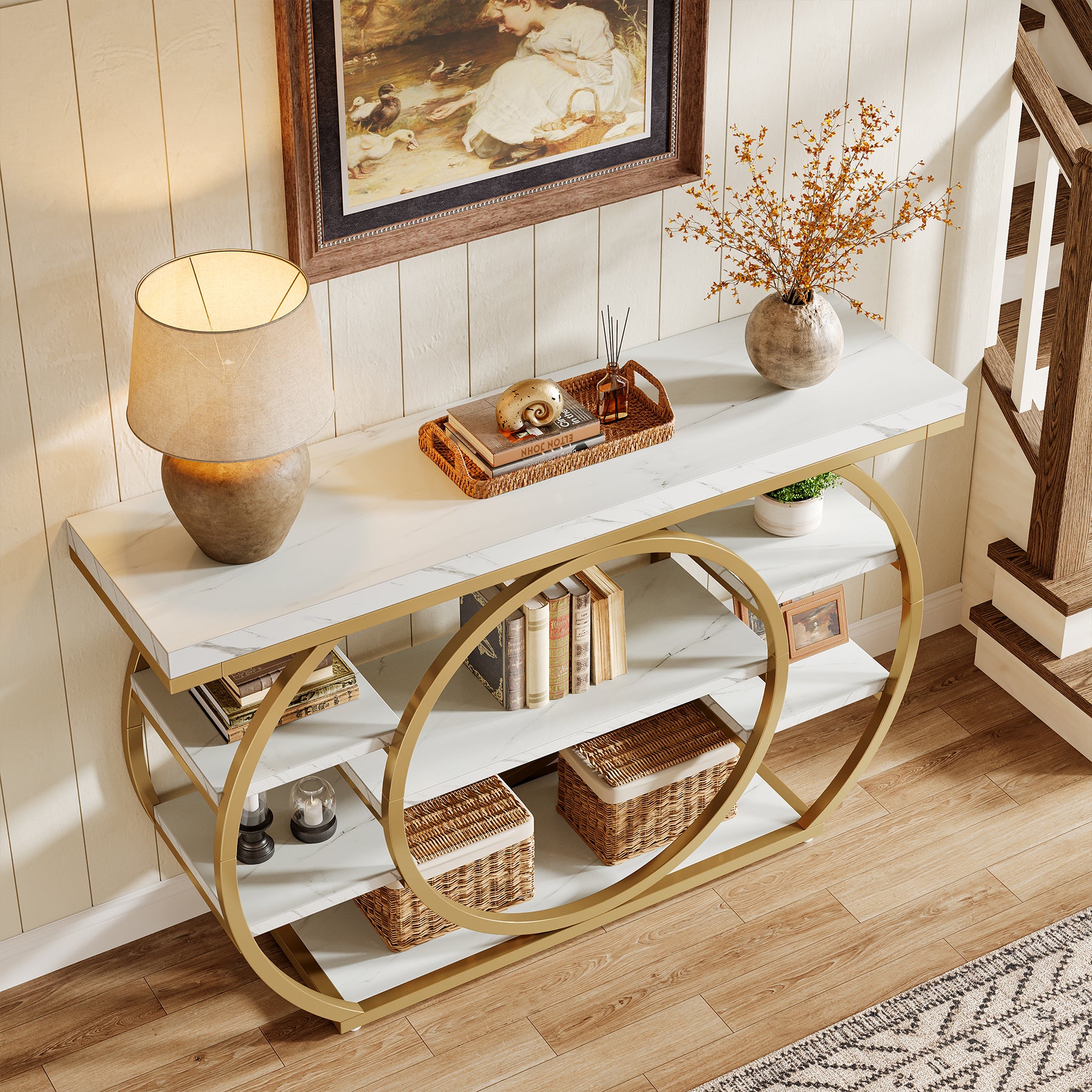 Consoletafel van 120 cm met 5 Lagen in Industrieel Design, Smalle Banktafel voor Woonkamer en Hal in Rustiek Bruin