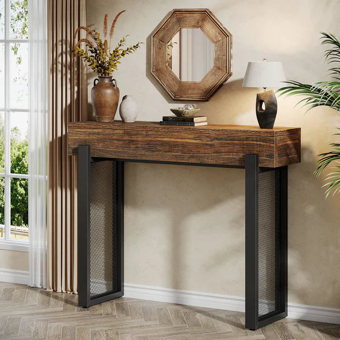 Rustieke Consoletafel met Metalen Poten, Compact Opbergmeubel voor Entree