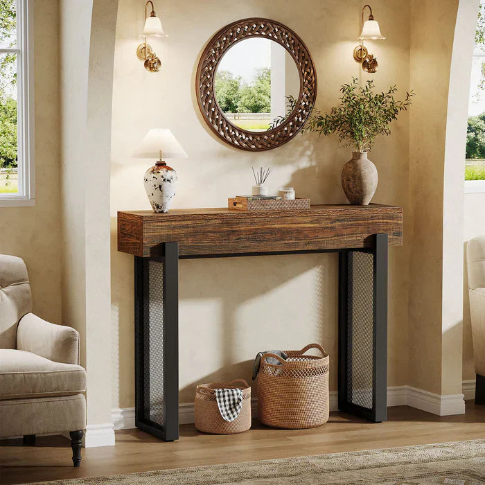 Rustieke Consoletafel met Metalen Poten, Compact Opbergmeubel voor Entree