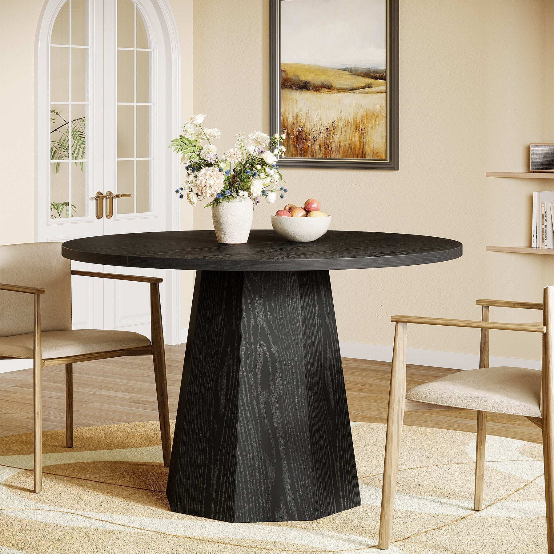 Zwarte Ronde Eettafel, 118 cm met Schuine Staander voor Keuken en Woonkamer