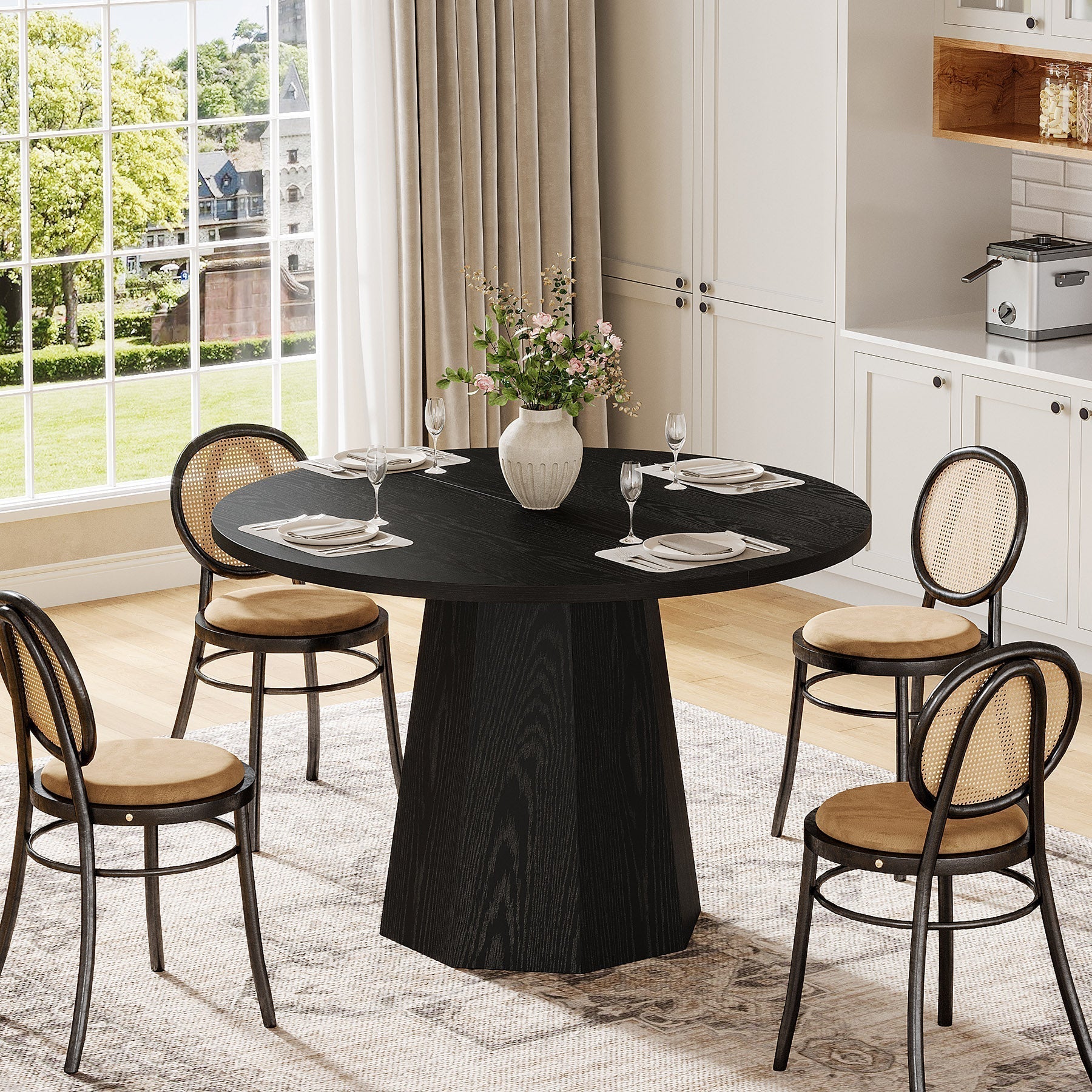 Zwarte Ronde Eettafel, 118 cm met Schuine Staander voor Keuken en Woonkamer