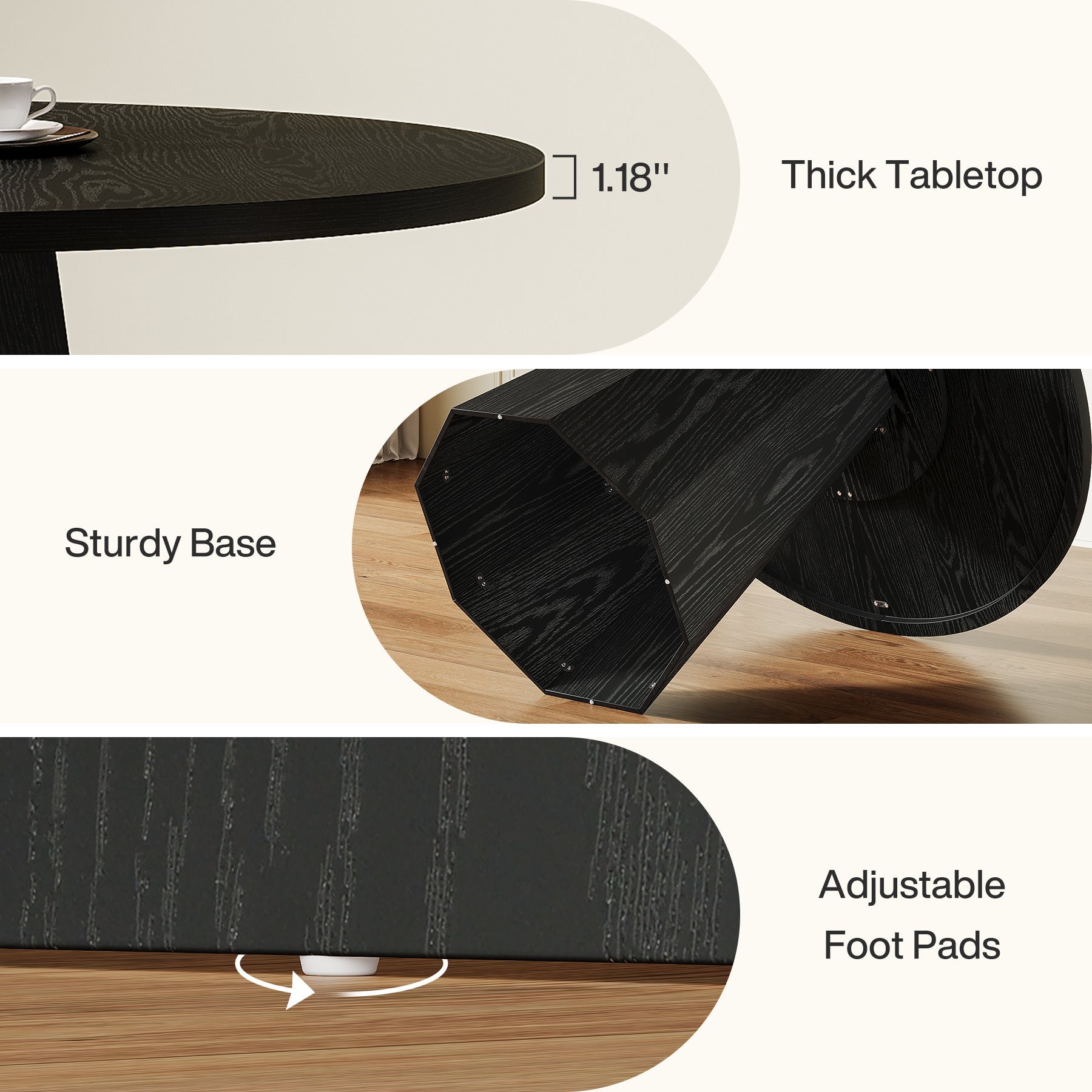 Zwarte Ronde Eettafel, 118 cm met Schuine Staander voor Keuken en Woonkamer