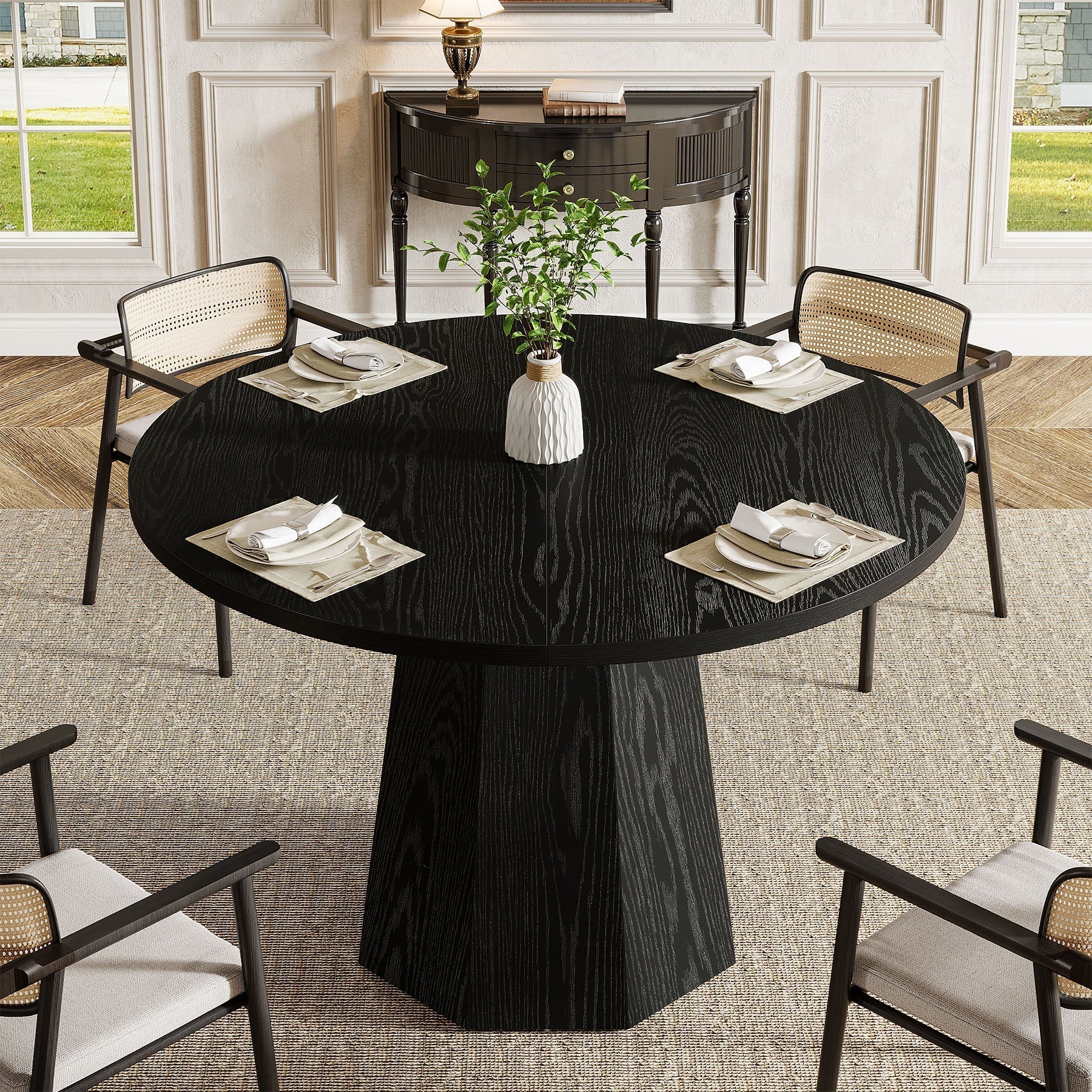 Zwarte Ronde Eettafel, 118 cm met Schuine Staander voor Keuken en Woonkamer