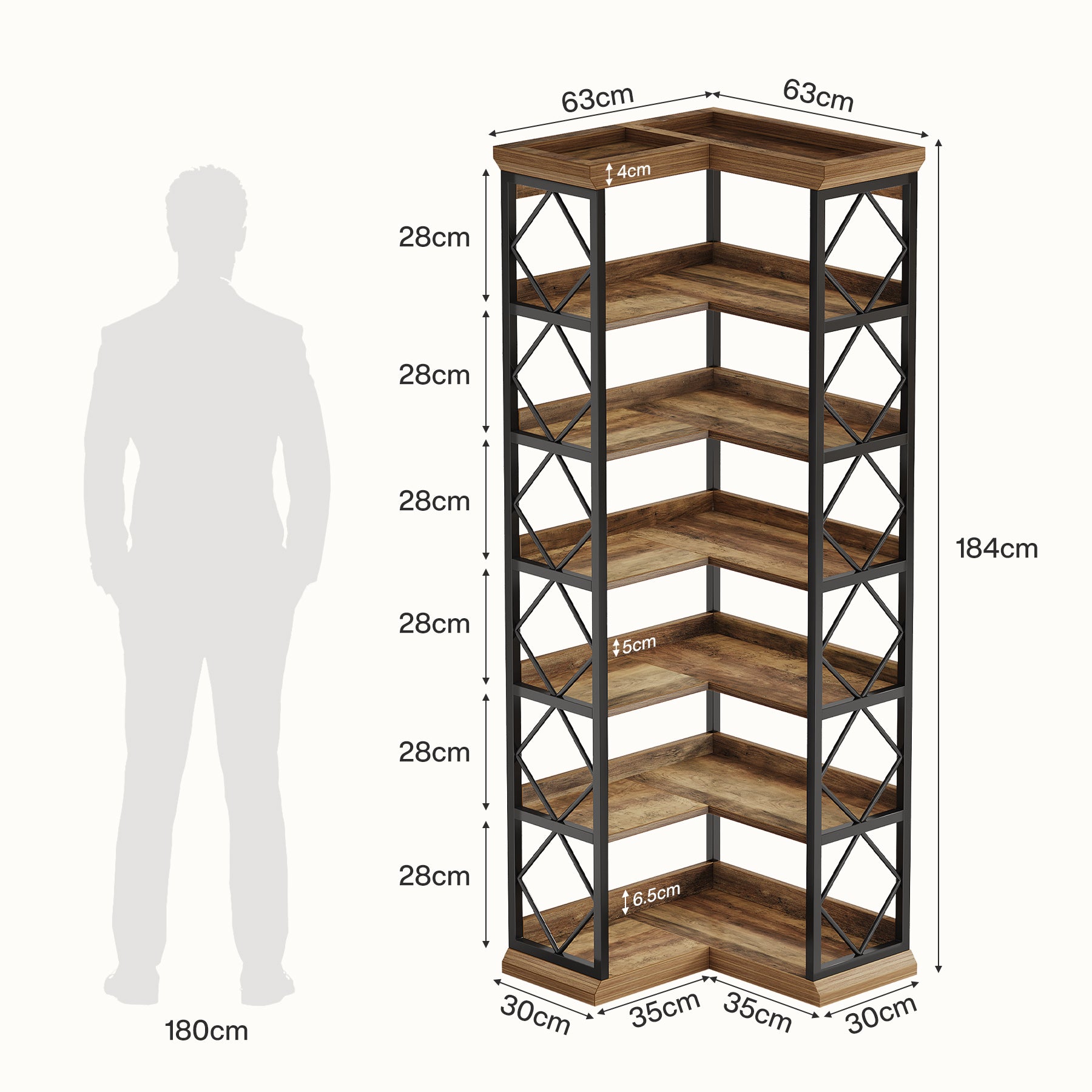 184 cm Hoge Hoekboekenkast, 6-Laags L-Vormige Boekenkast met Opbergruimte voor Woonkamer