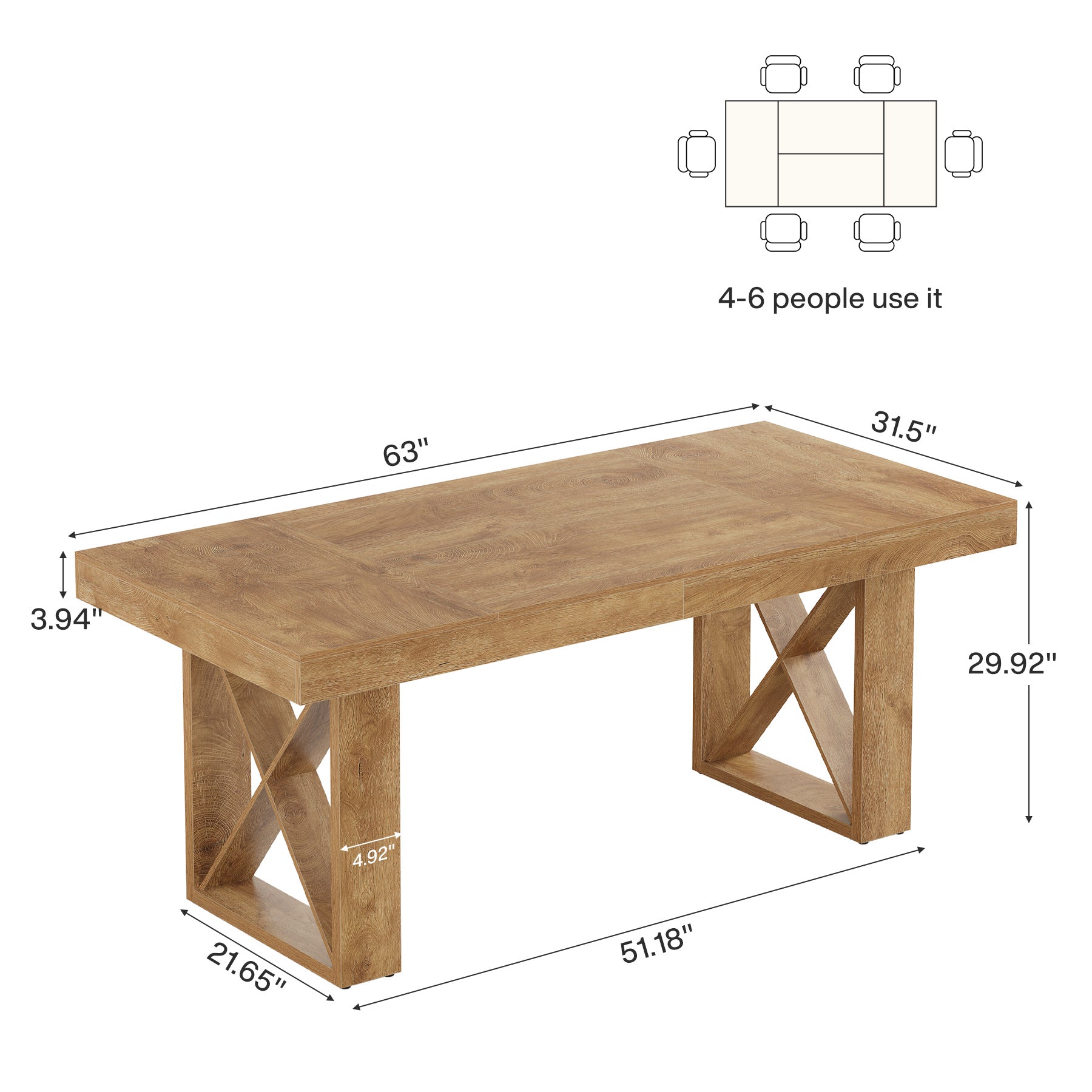 160 cm Rechthoekige Eettafel voor 4-6 Personen, Landelijke Keukentafel in Rustiek Geelbruin