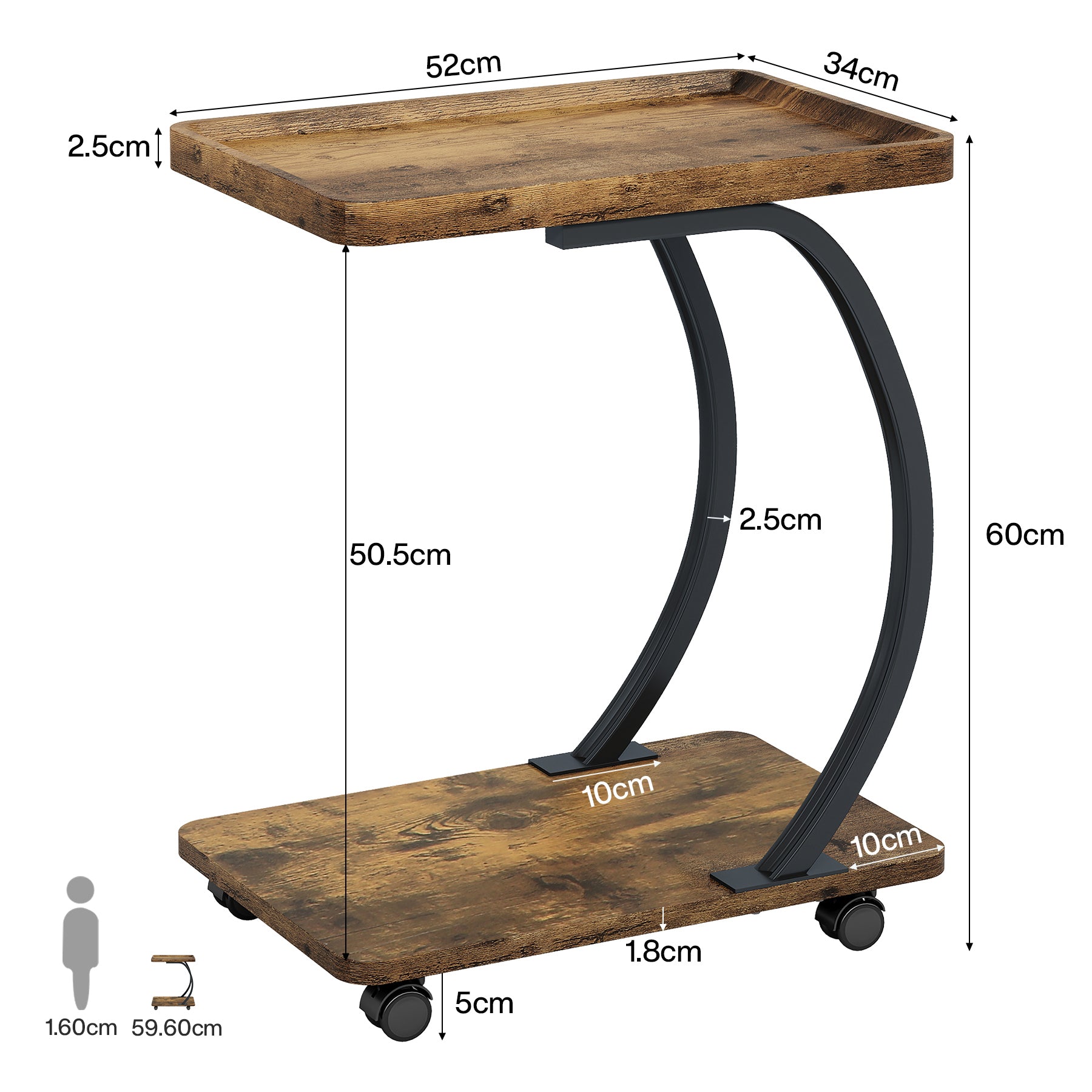 Industriële C-vormige Bijzettafel met Wieltjes in Rustiek Bruin, Houten 2-Lagen Tafeltje met Metalen Frame