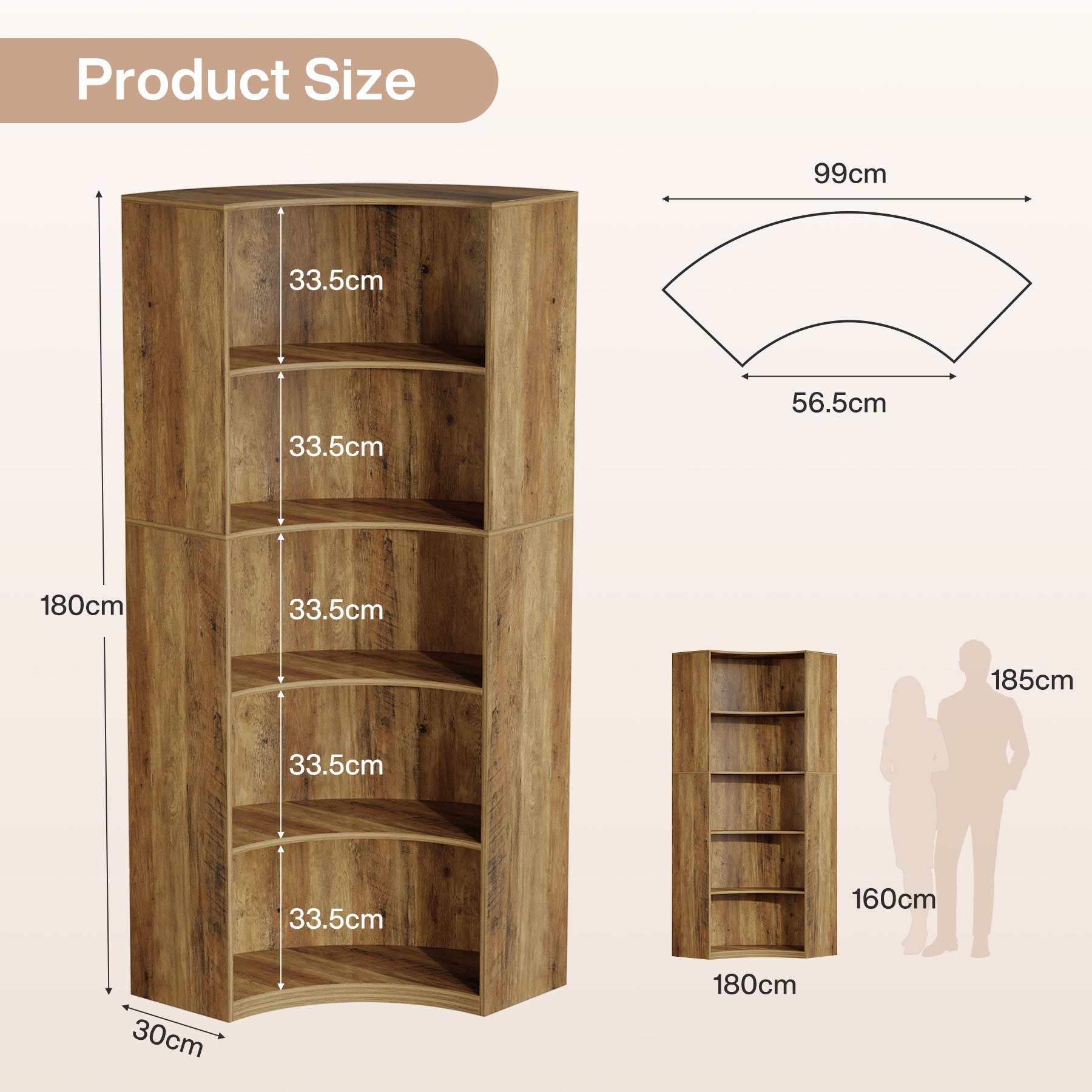 180 cm Hoge Hoekboekenkast, Landelijke Opbergkast met Gebogen Randen voor Woonkamer