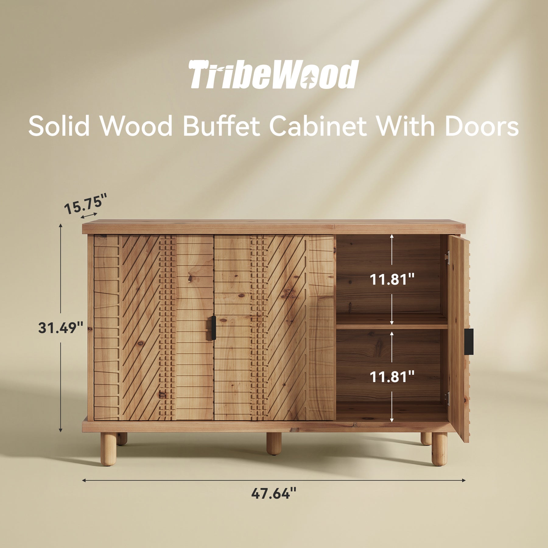 121 x 40 x 80 cm Tribesigns massief houten dressoir met 3 deuren en verstelbare planken, landelijke buffetkast voor keuken eetkamer en entree