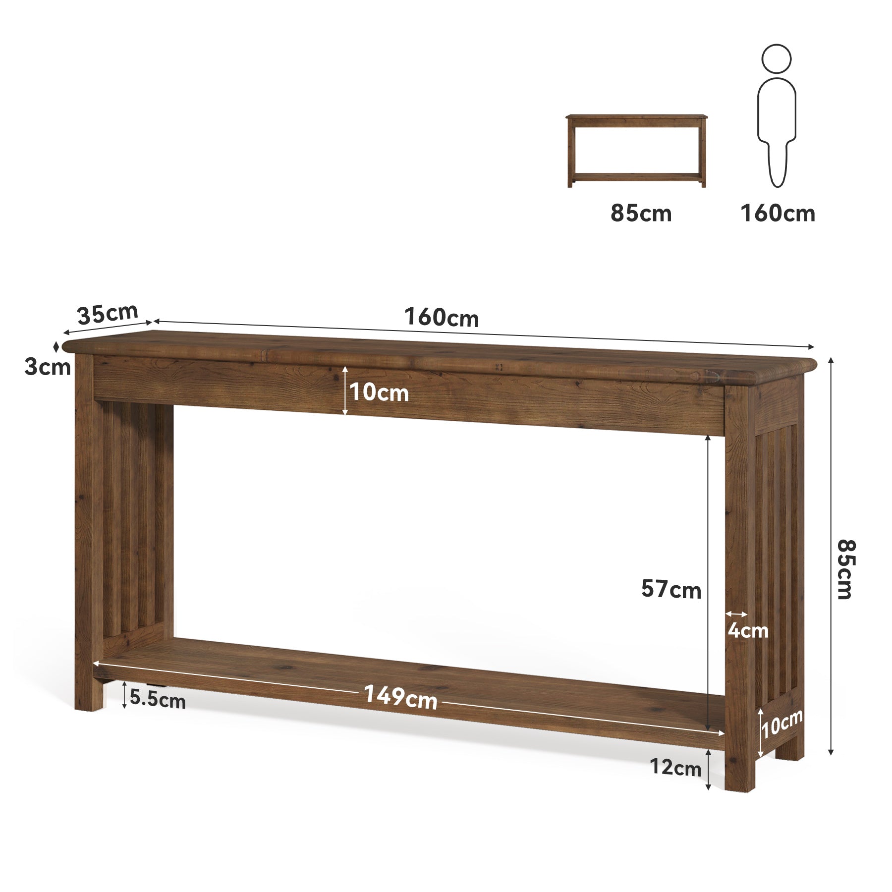 160 cm Houten Consoletafel met 2-Laags Opbergruimte, Lange Sofa Tafel voor Entree