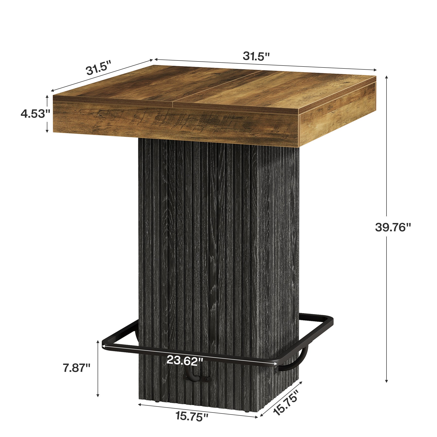 80 x 80 x 101 cm vierkante bartafel met metalen voetensteun, industriële pubtafel voor keuken eetkamer