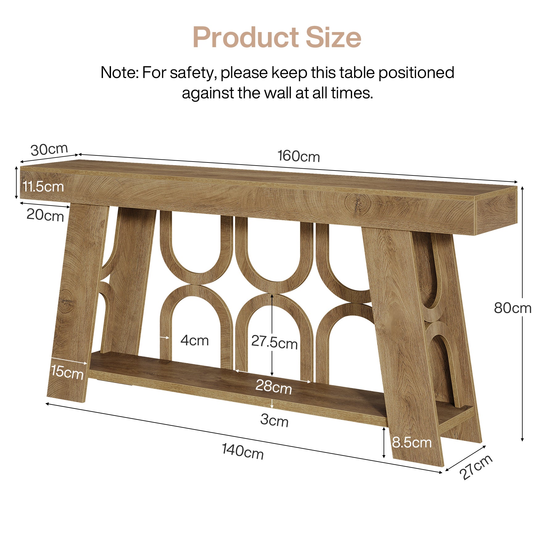 Consoletafel van 160 cm in landelijke stijl met 2-laags opbergruimte, smalle haltafel voor woonkamer en slaapkamer in lichtbruin