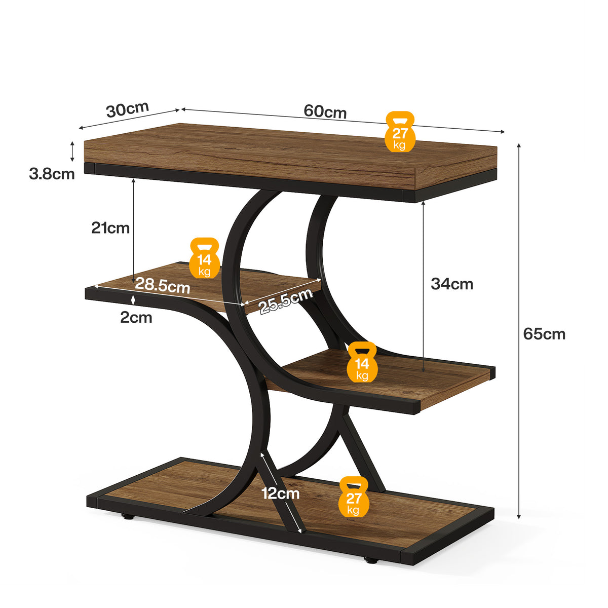 60 cm smalle bijzettafel met 4-laags open opbergrek en industrieel ontwerp, sidetable voor woonkamer en slaapkamer