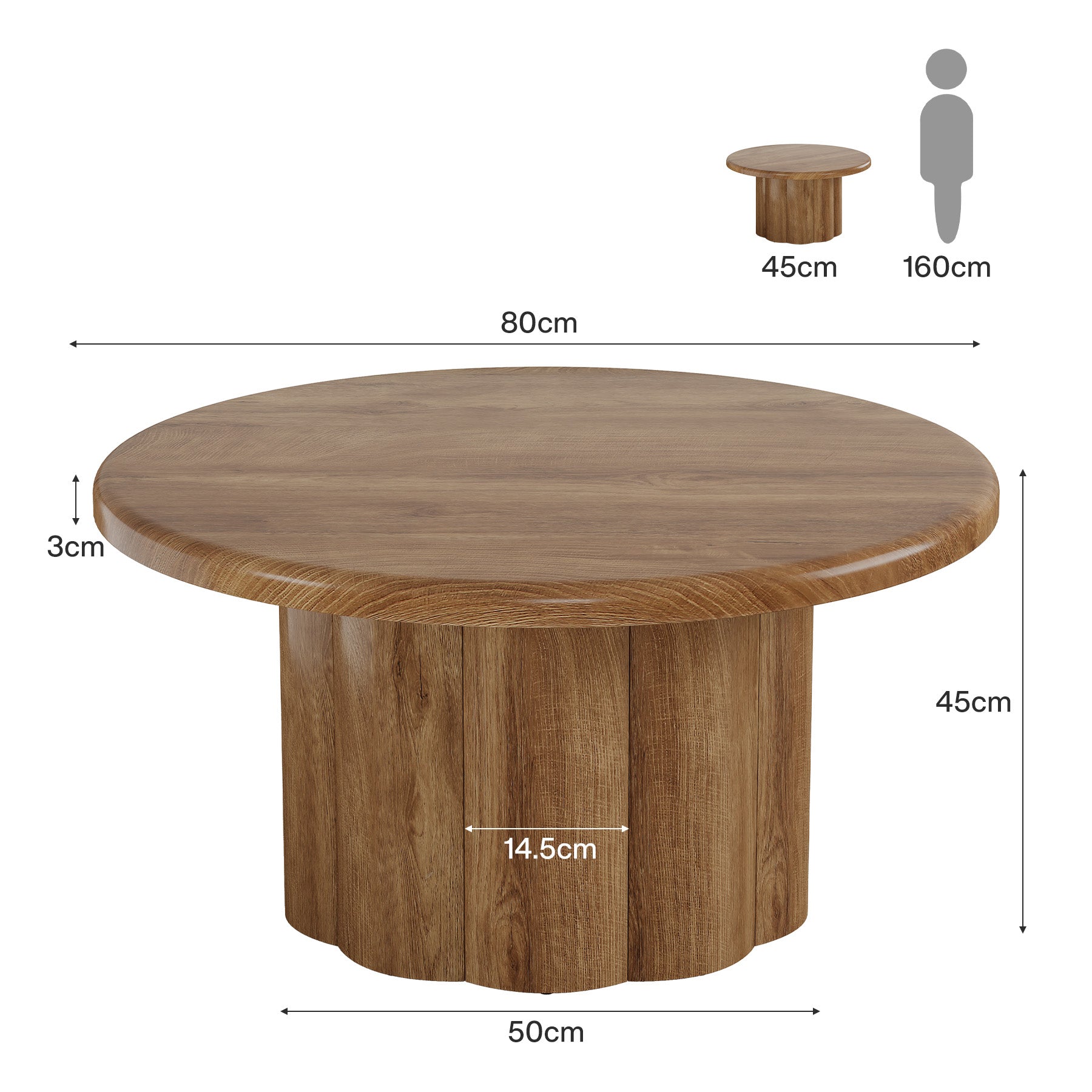 80 cm Ronde Landelijke Salontafel, Gegroefde Trommelvoet voor Woonkamer en Appartement