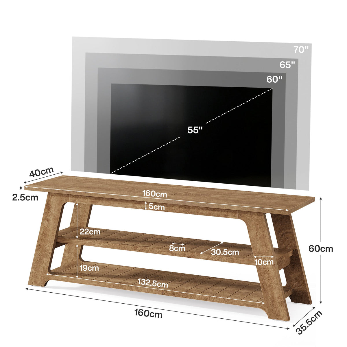 Tribesigns TV-meubel van 160 cm voor tv's tot 75 inch, lage tv-kast met 3 opbergplanken