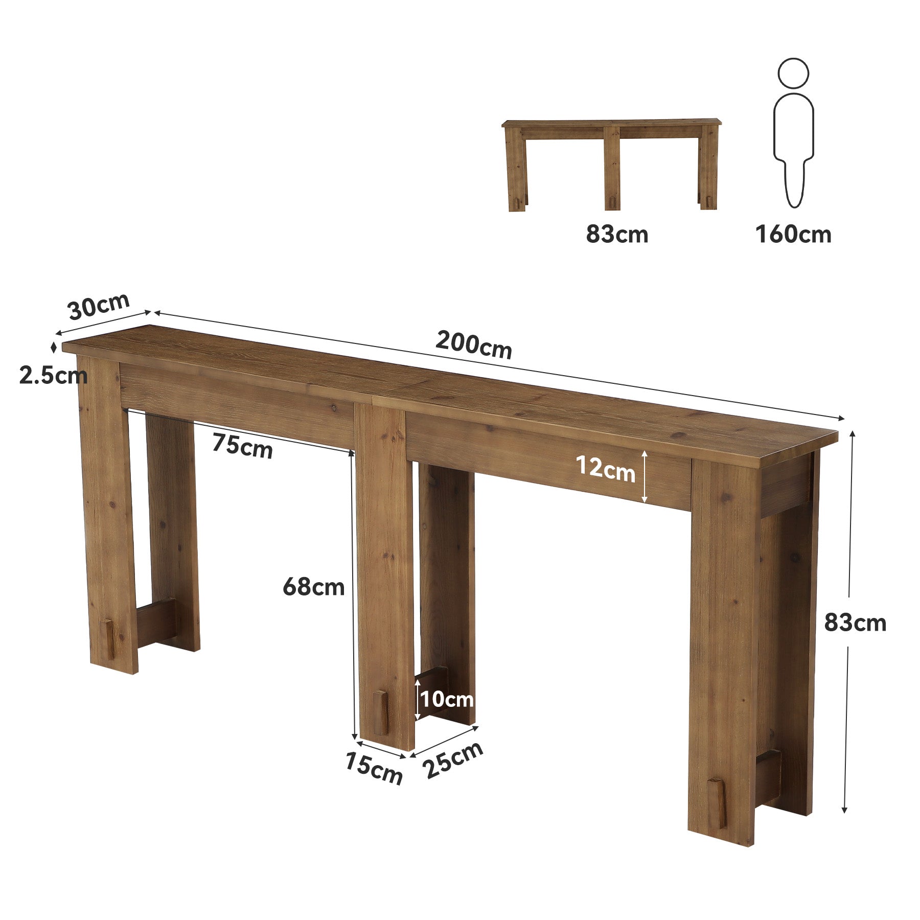 Massief houten consoletafel 200 cm, extra lange banktafel van dennenhout met 6 poten