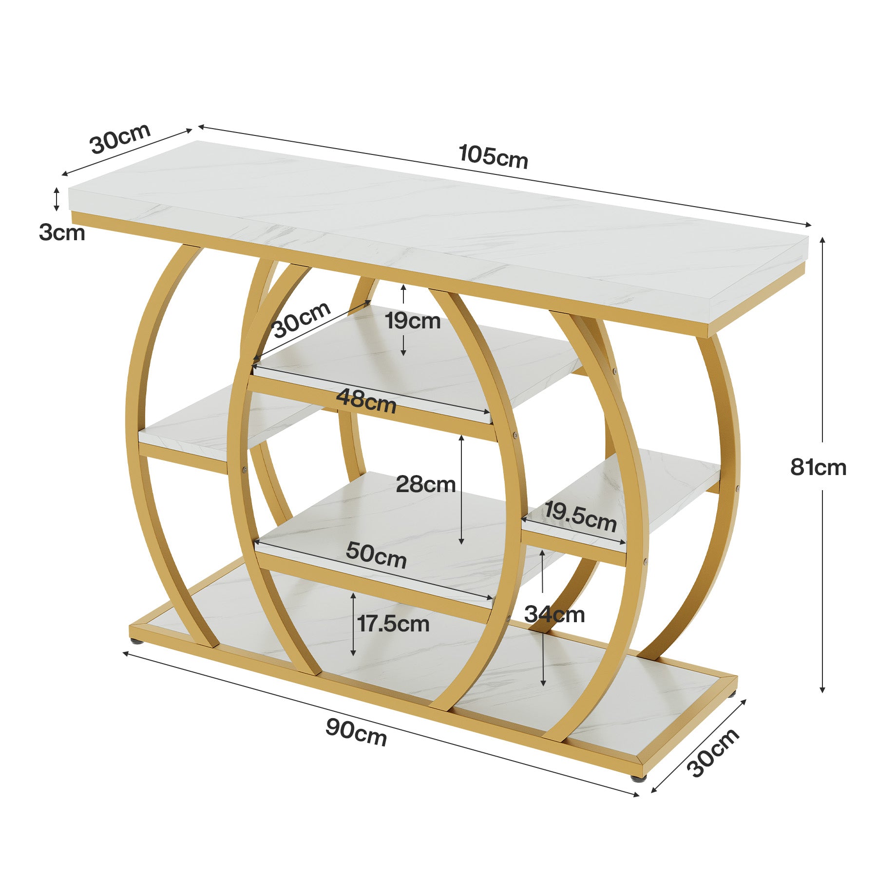Tribesigns consoletafel 105 cm – smalle haltafel met 5 legplanken, goudkleurig metalen frame en blad in marmerlook