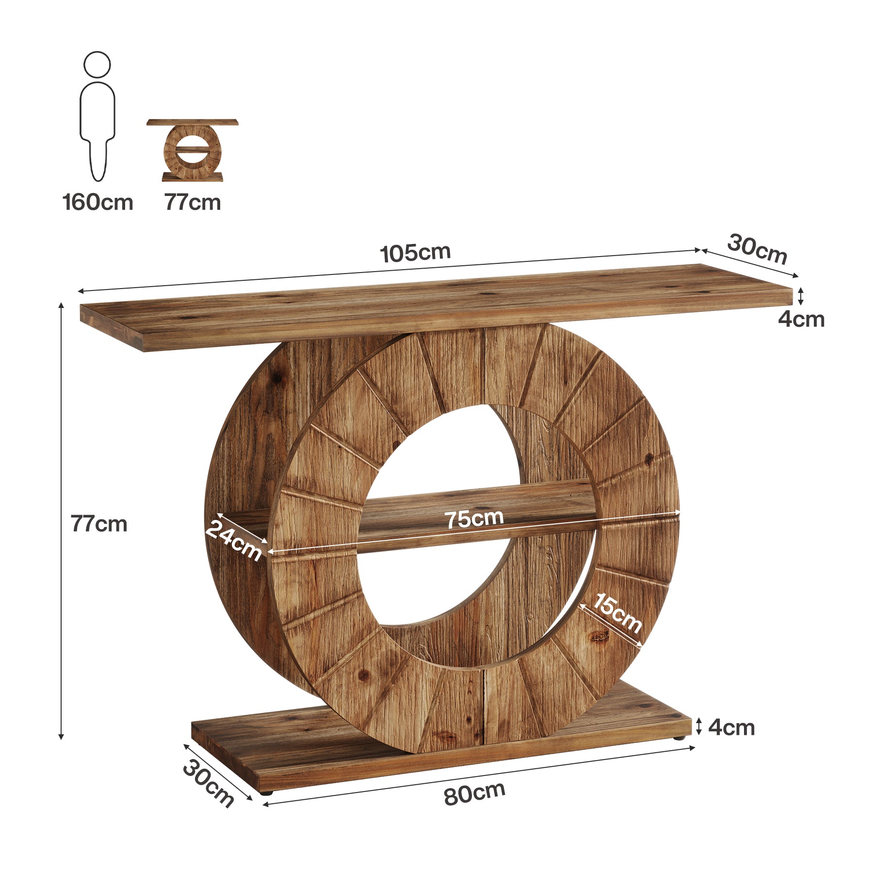 105 cm Massief Houten Consoletafel met 3 Planken en Ronde Basis