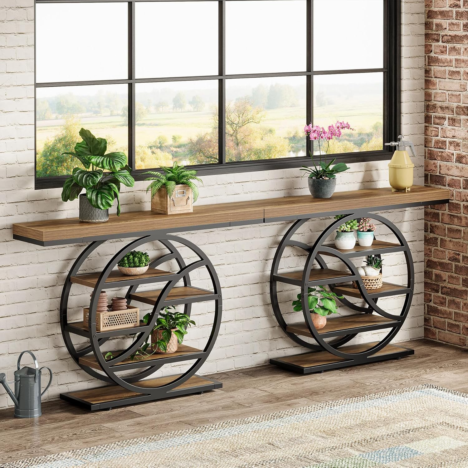 Consoletafel van 120 cm met Industrieel 5-Laags Ontwerp, Smalle Houten Accenttafel met Opbergrekken voor Woonkamer en Hal