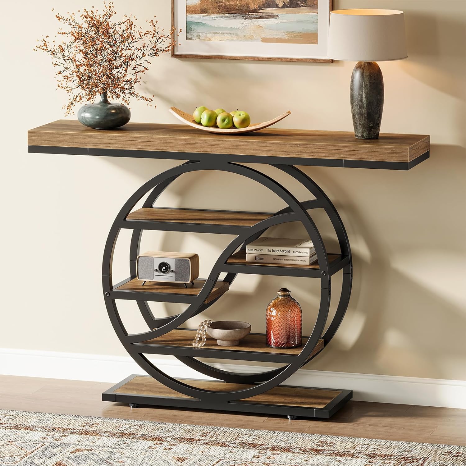 Consoletafel van 120 cm met Industrieel 5-Laags Ontwerp, Smalle Houten Accenttafel met Opbergrekken voor Woonkamer en Hal