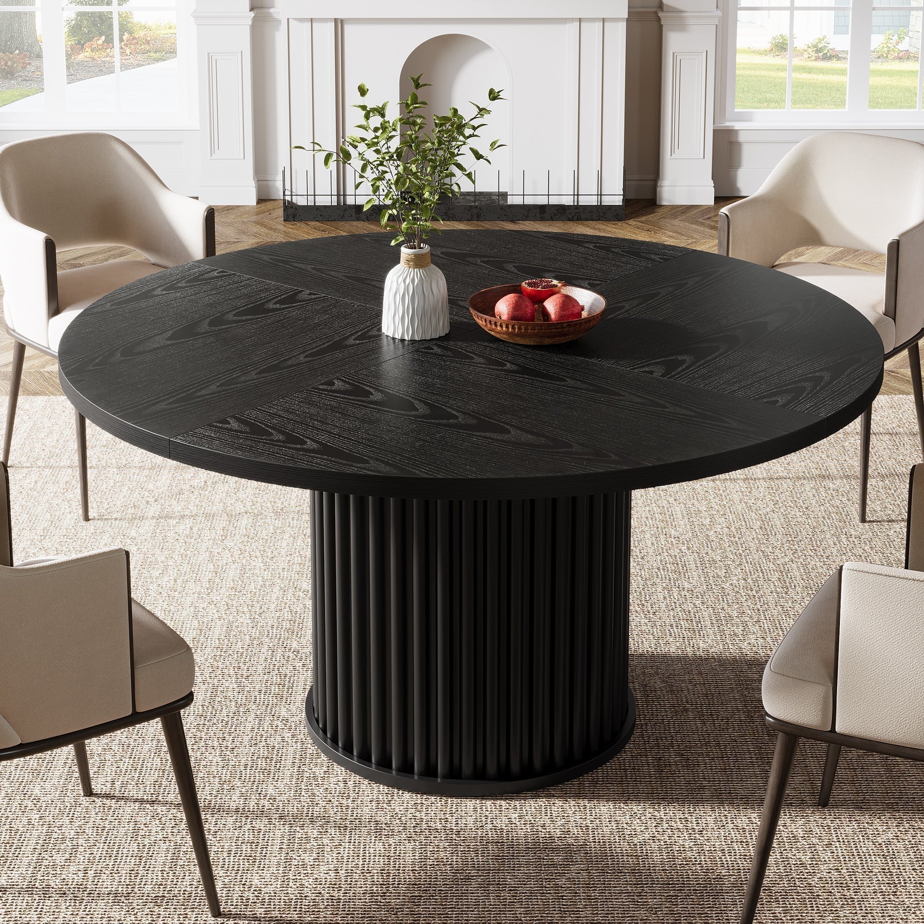 110 cm Zwarte Ronde Eettafel voor 4-6 Personen, Moderne Keukentafel met Metalen Basis