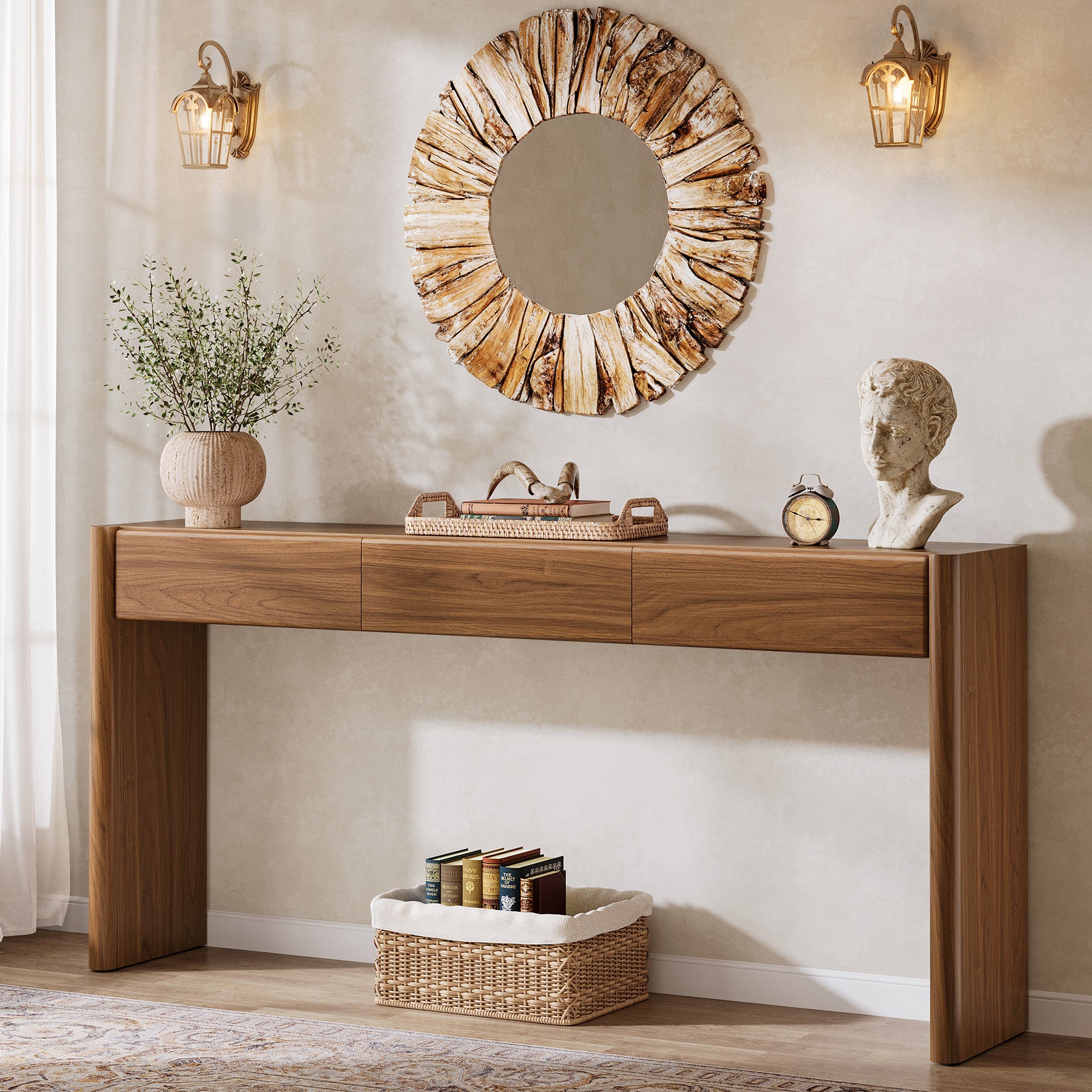 180 cm Landelijke Consoletafel met 3 Laden, Houten Haltafel met Opbergruimte