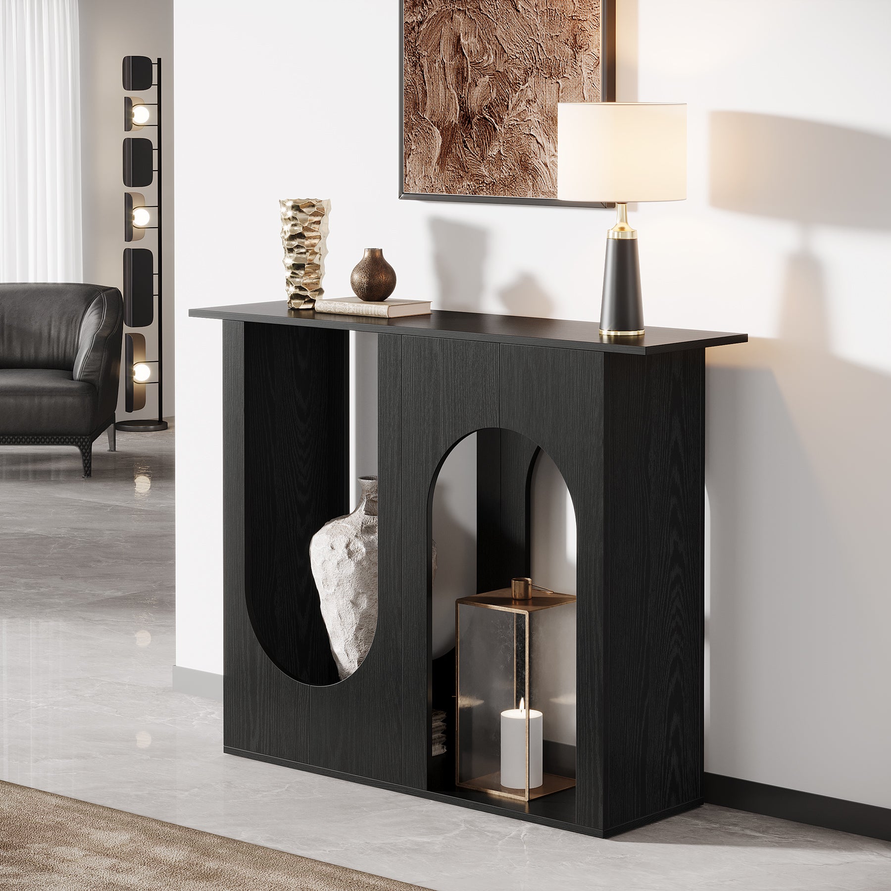 90 cm Zwarte Banktafel, Smalle Consoletafel met Gebogen Design voor Entree en Woonkamer