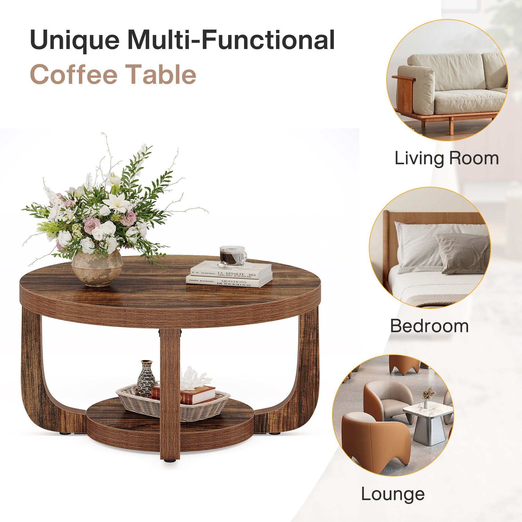 Ronde Salontafel van 80 cm met 2 Lagen en Opbergruimte, Moderne Houten Accenttafel in Rustiek Bruin voor Woonkamer