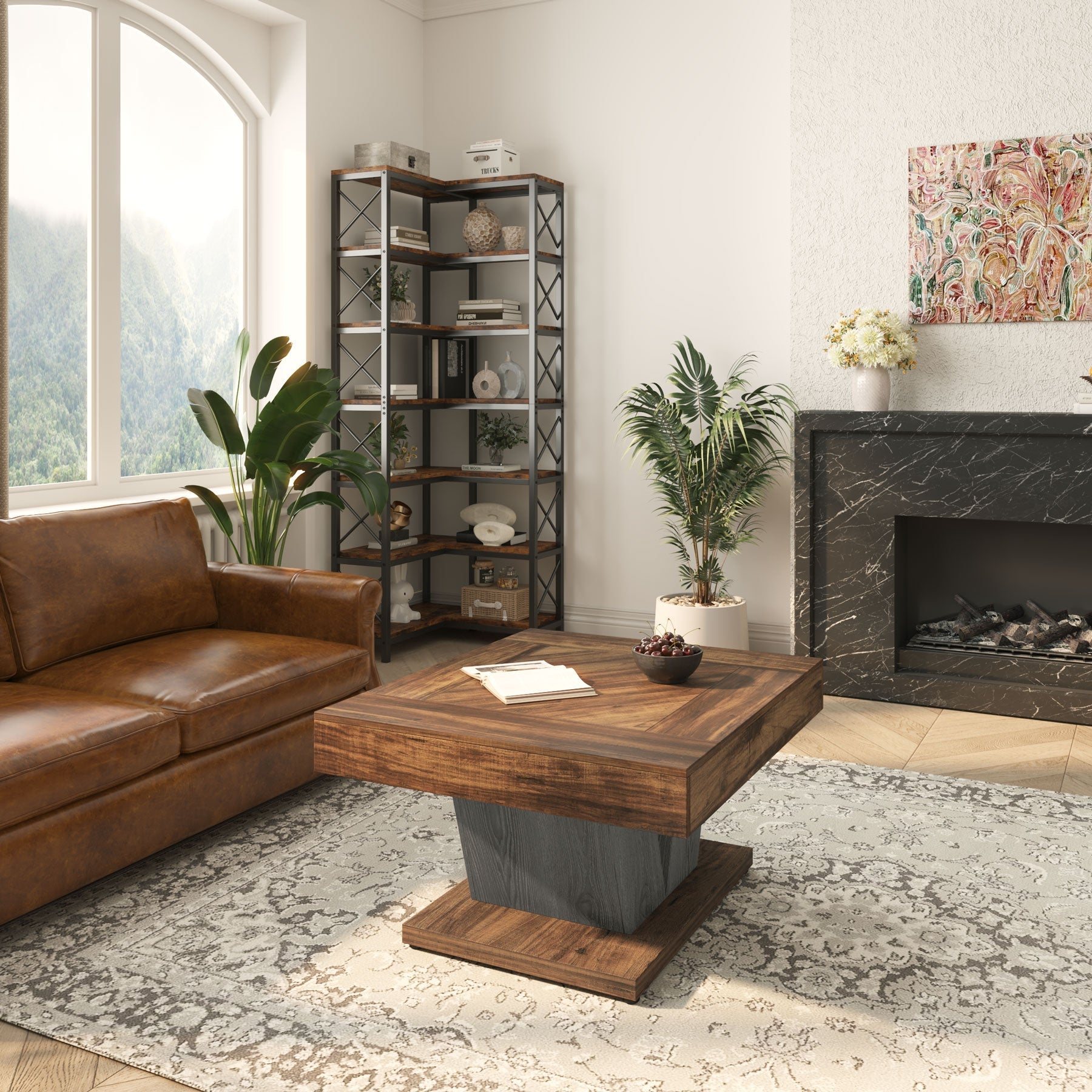 Tribesigns Vierkante Salontafel, 80x80 cm Moderne Theetafel in Landelijk Bruin en Zwart