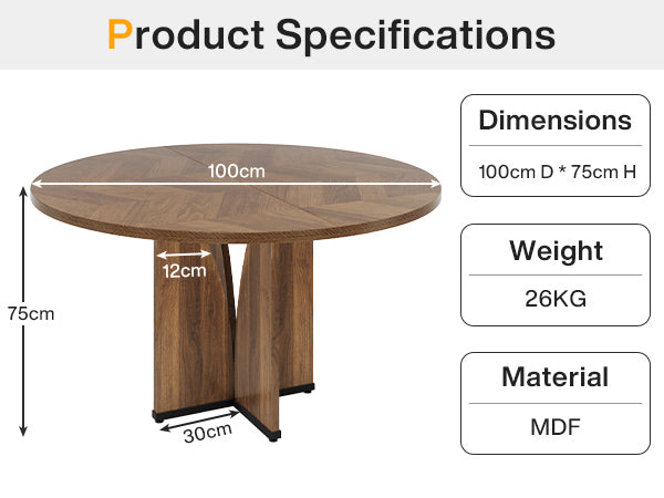 Ronde Eettafel voor Vier Personen, 100 cm Landelijke Keukentafel met X-Vormige Voet