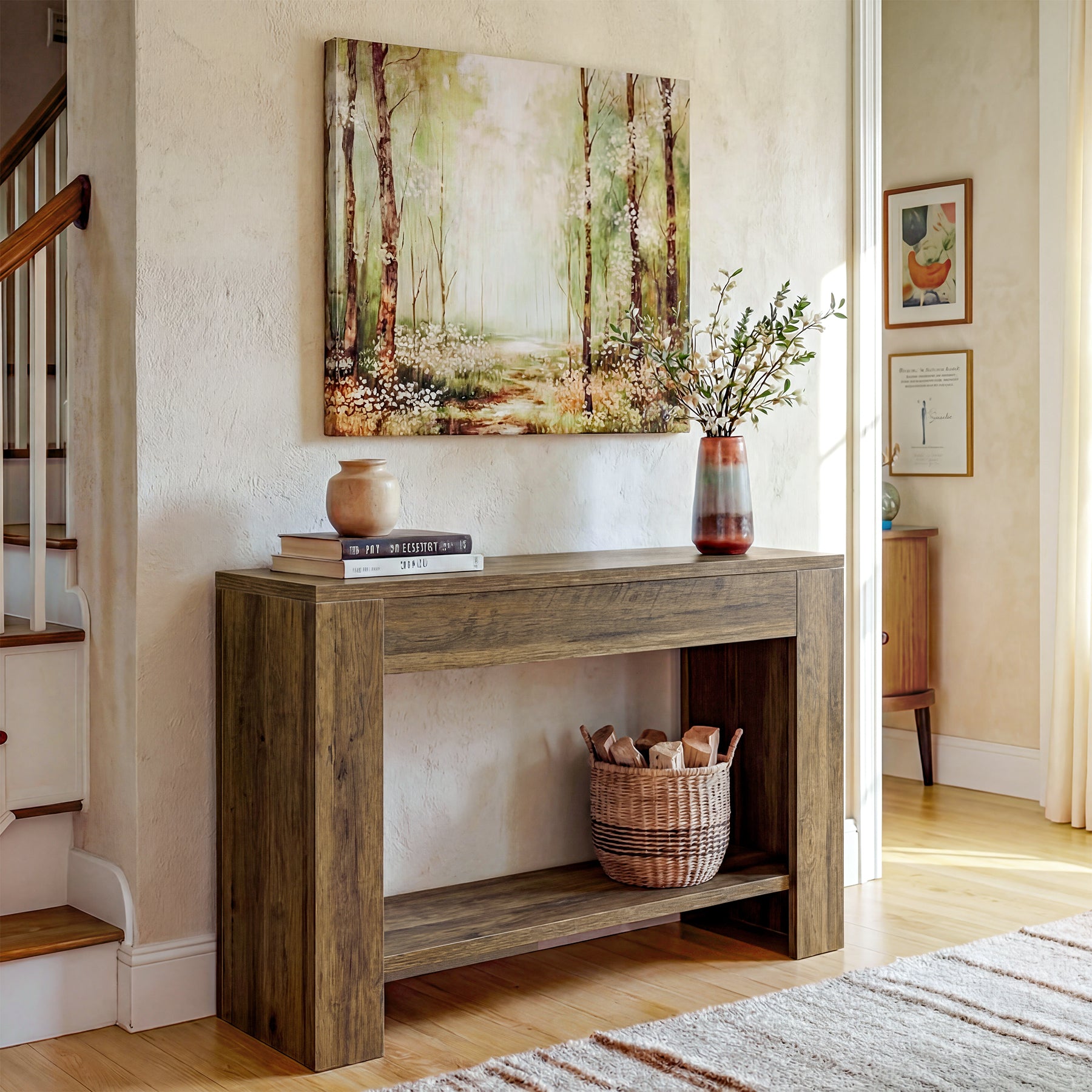 105 cm Landelijke Consoletafel met Opbergruimte, Smalle 2-Laags Sofatafel voor Hal en Gang