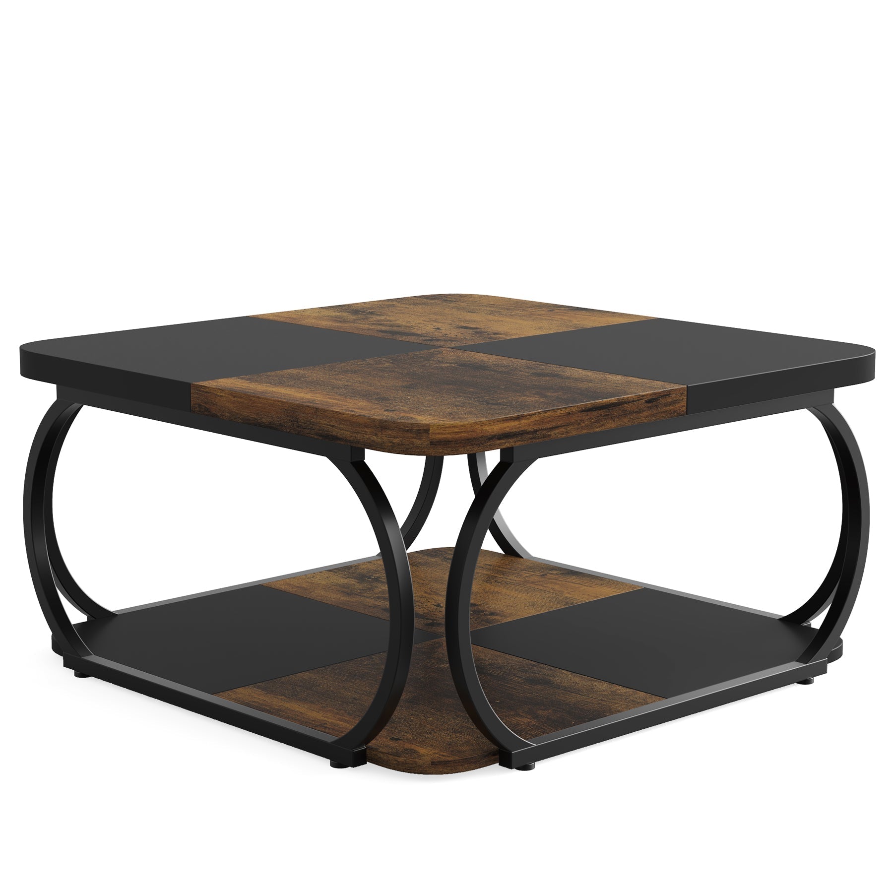 Vierkante Salontafel met Dubbele Planken, 100 cm Landelijke Tafel met Metal Frame