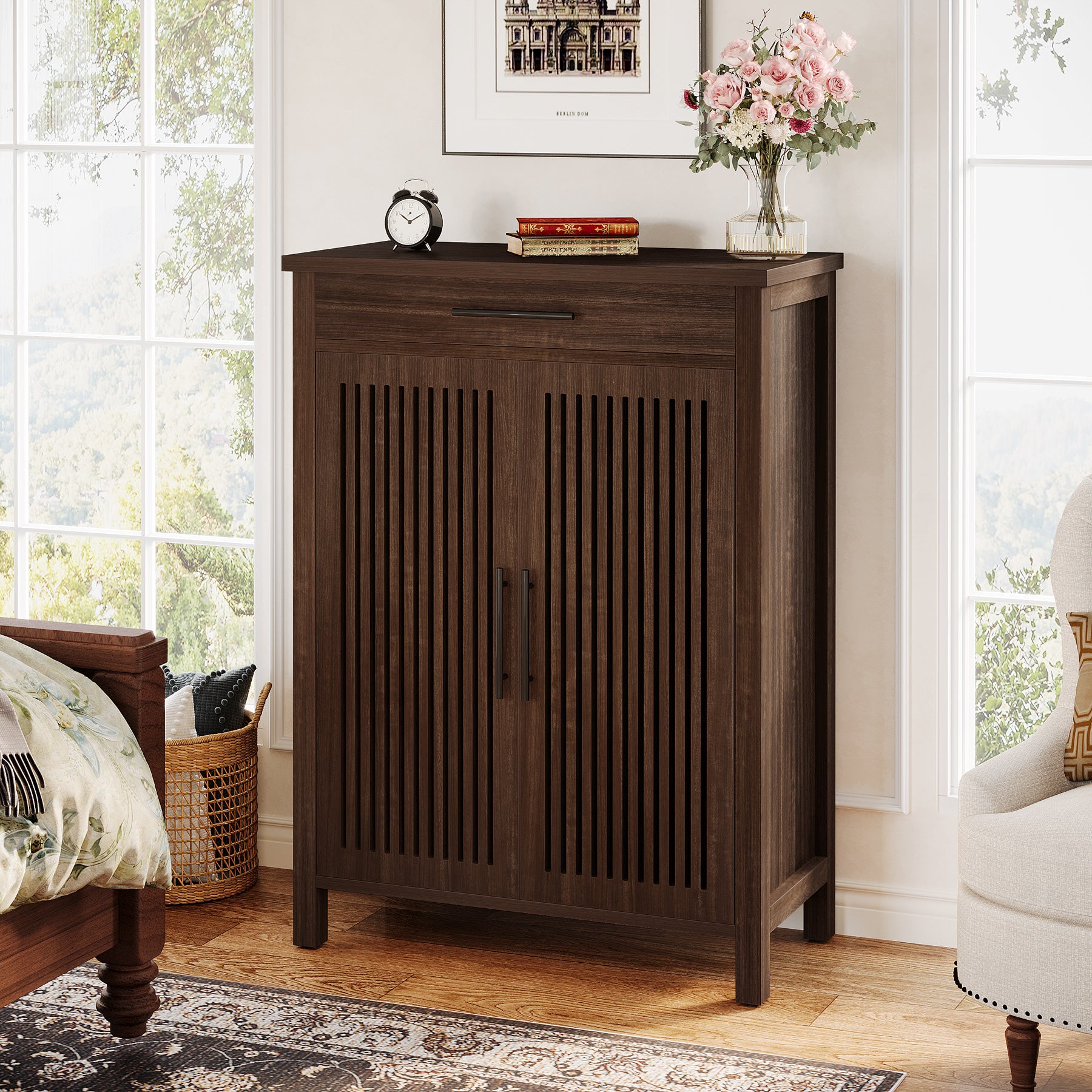 Smal Schoenenmeubel 80 cm, Verstelbare Kast Met 5 Planken En Lamellendeuren