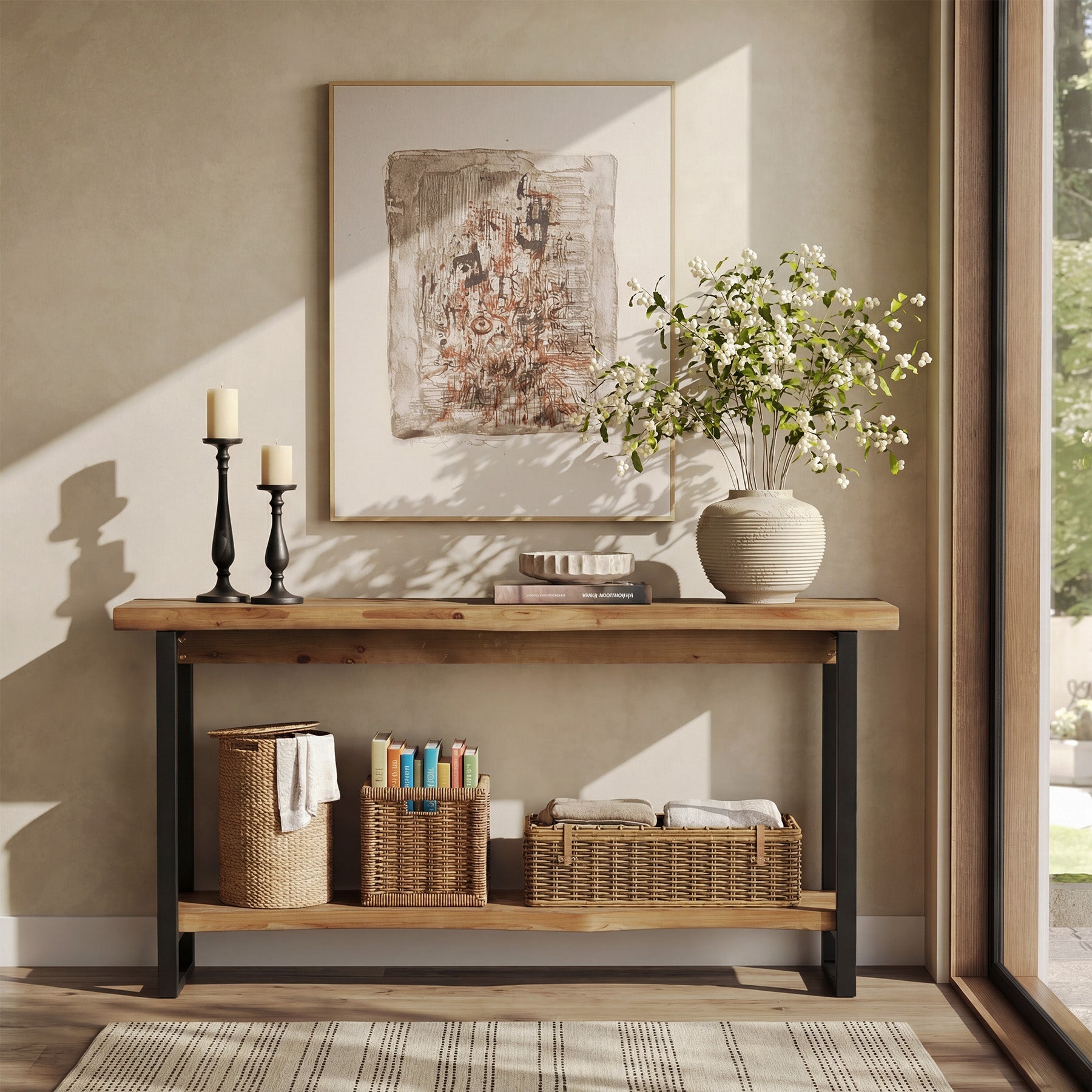 160 cm Massief Houten Live-Edge Consoletafel met Metalen Poten