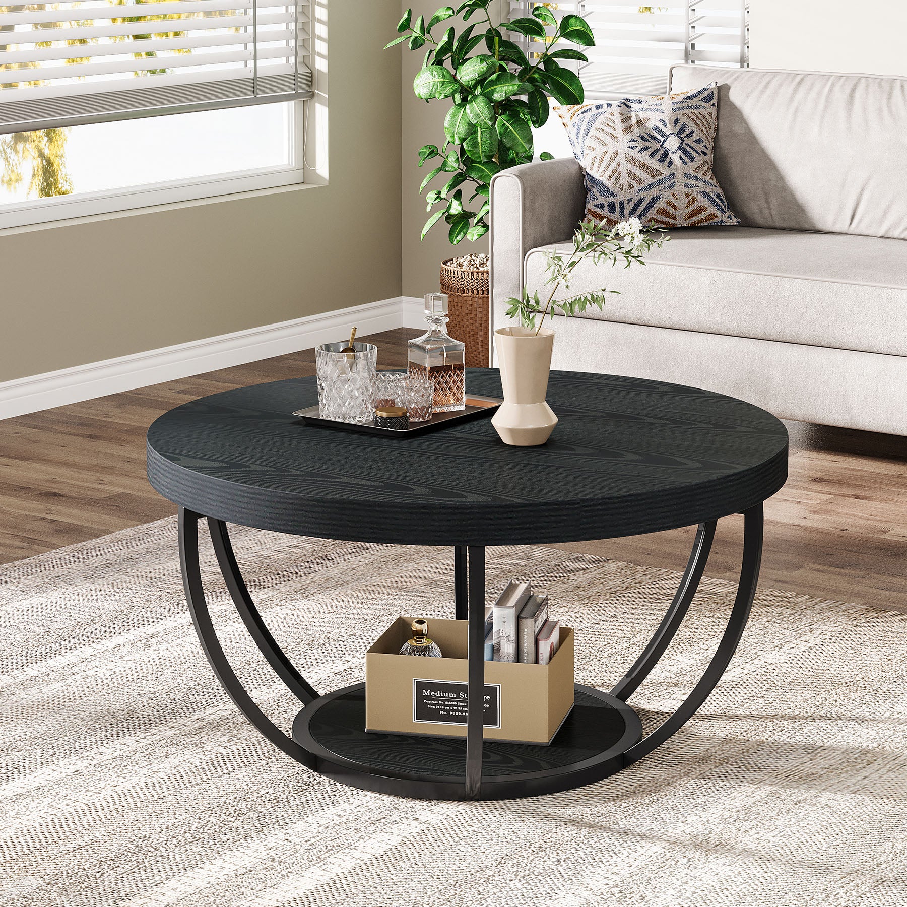 80,5 cm Ronde Industriële Salontafel, Tweelaags Middentafel in Rustiek Bruin en Zwart