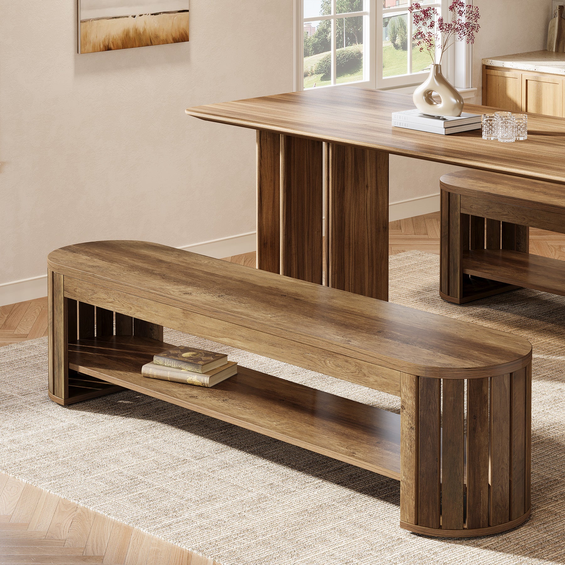 160 cm Houten Eetbank in Boerderijstijl, Landelijke Entree- en Eetkamerbank met Gebogen Lattenpoten