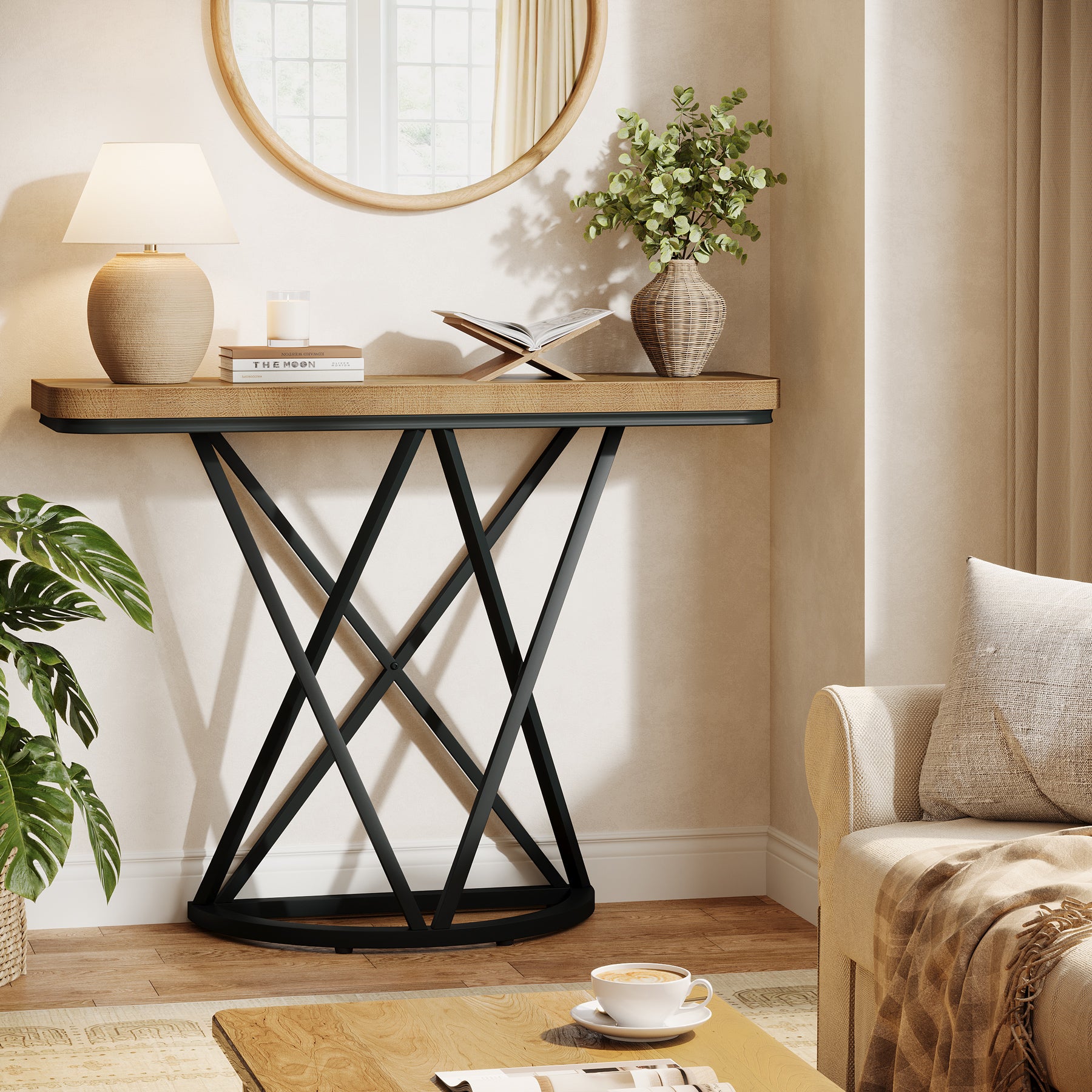 105 cm Industriële Console Tafel, Smalle Entreetafel met Geometrisch Metaal Onderstel