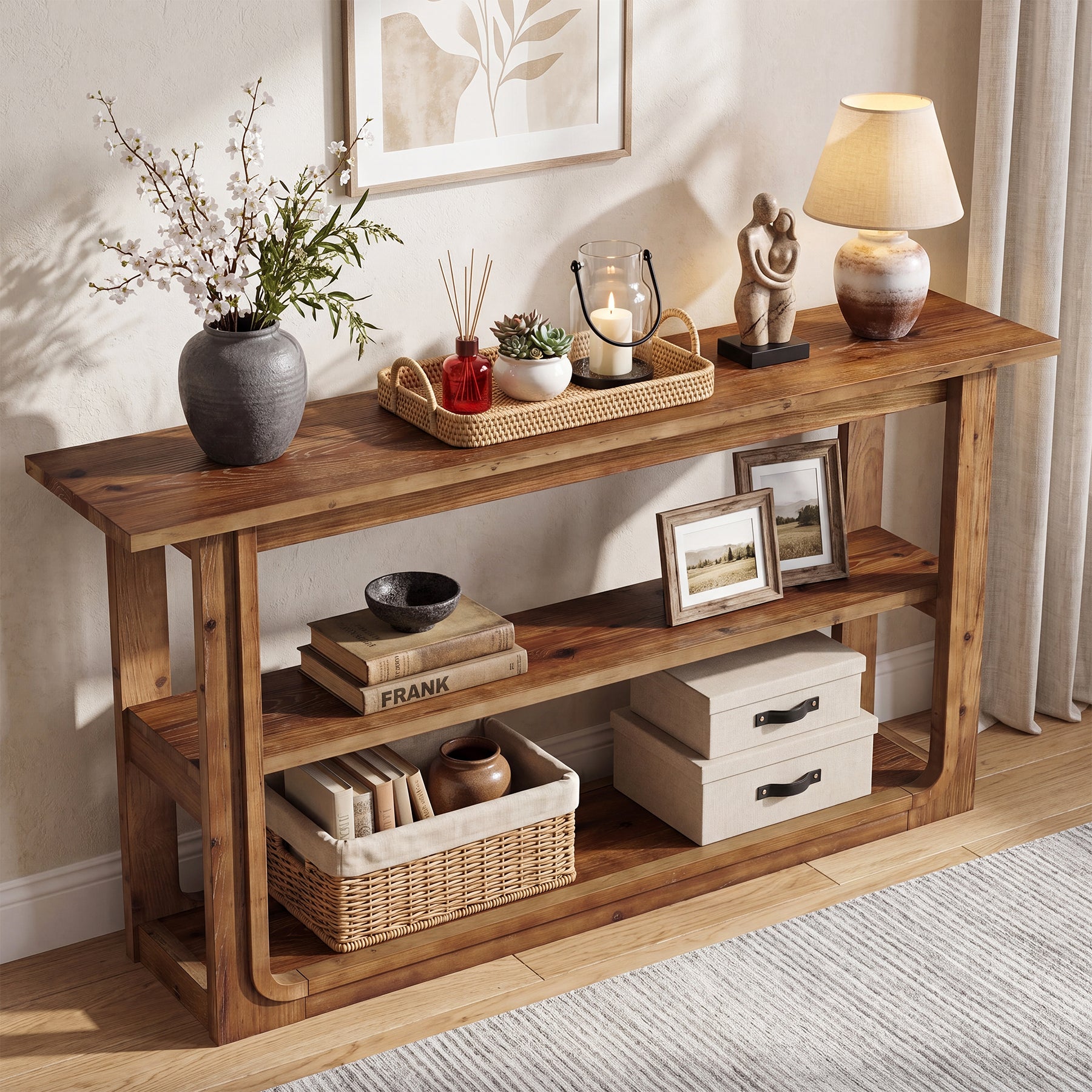 Tribesigns consolentafel van massief hout 140 cm, smalle gangtafel met 3 planken in landelijke stijl