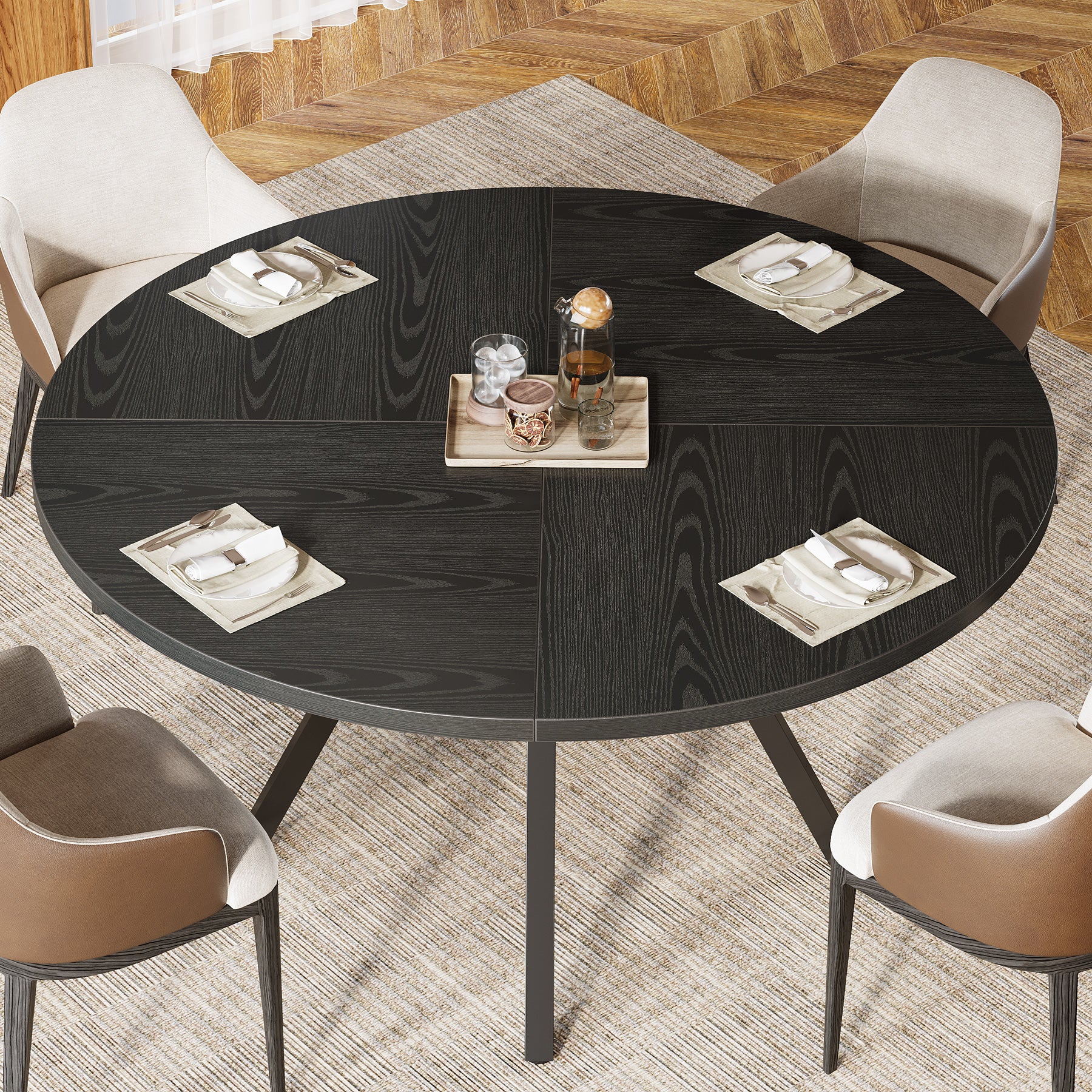 Ronde eettafel voor 4 personen, 120 cm met metalen frame en opbergvak in bruin