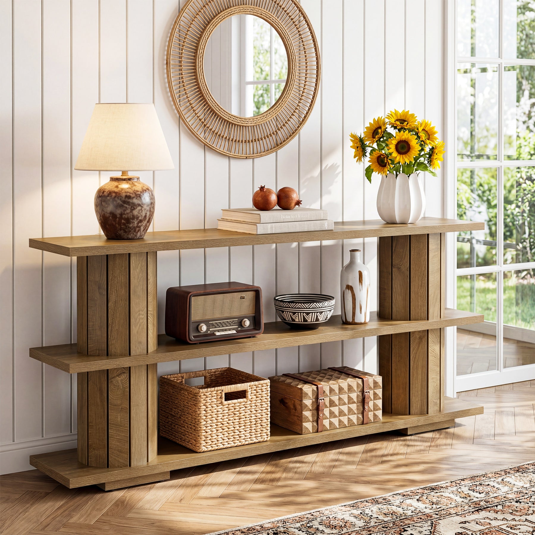 160 cm Consoletafel met 3-Laags Opbergrekken, Lange Haltafel voor Woonkamer en Entree