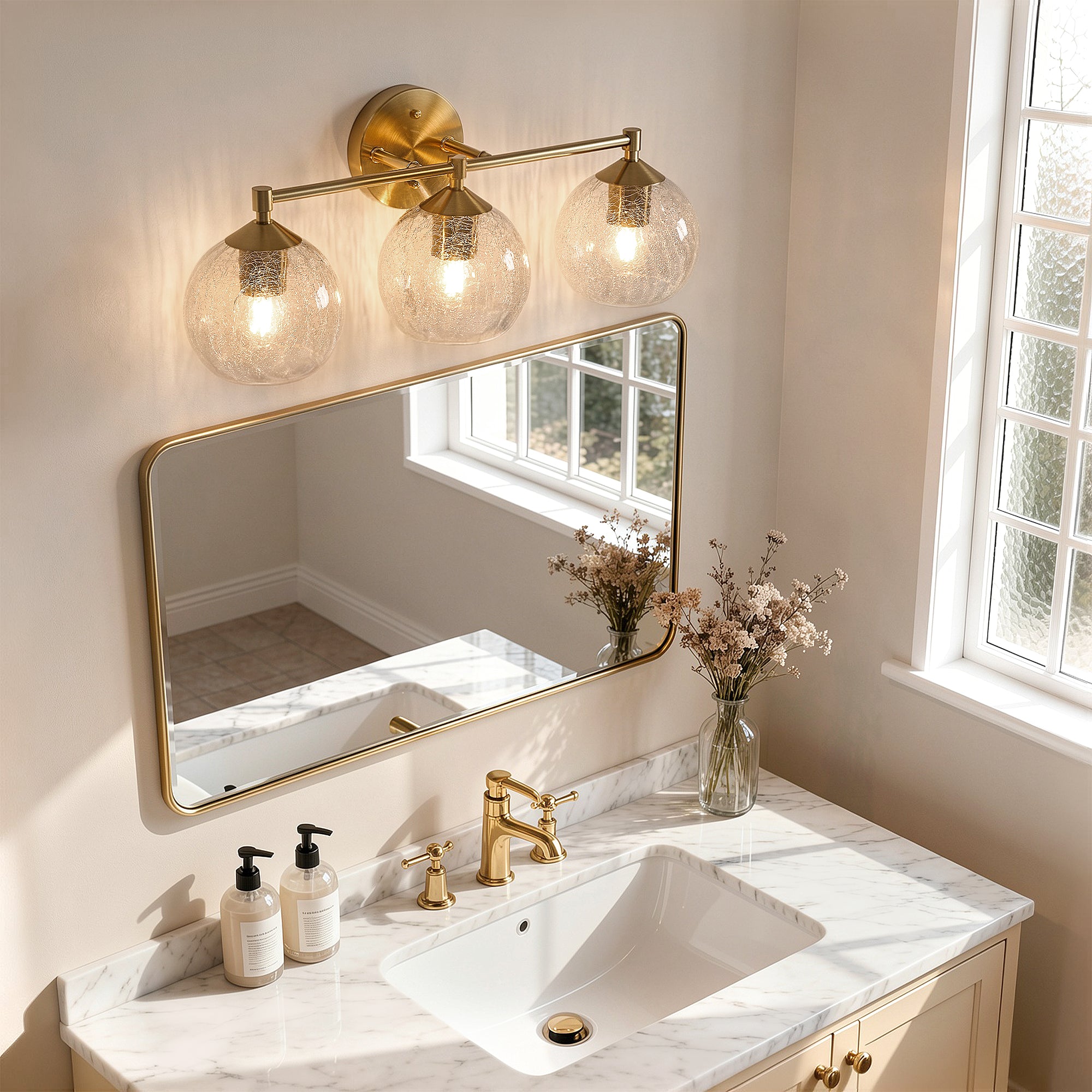 43 cm Moderne Wandlamp Goud, Tribesigns 3-flammige Crackle Glas Armatur met E27 voor Badkamer