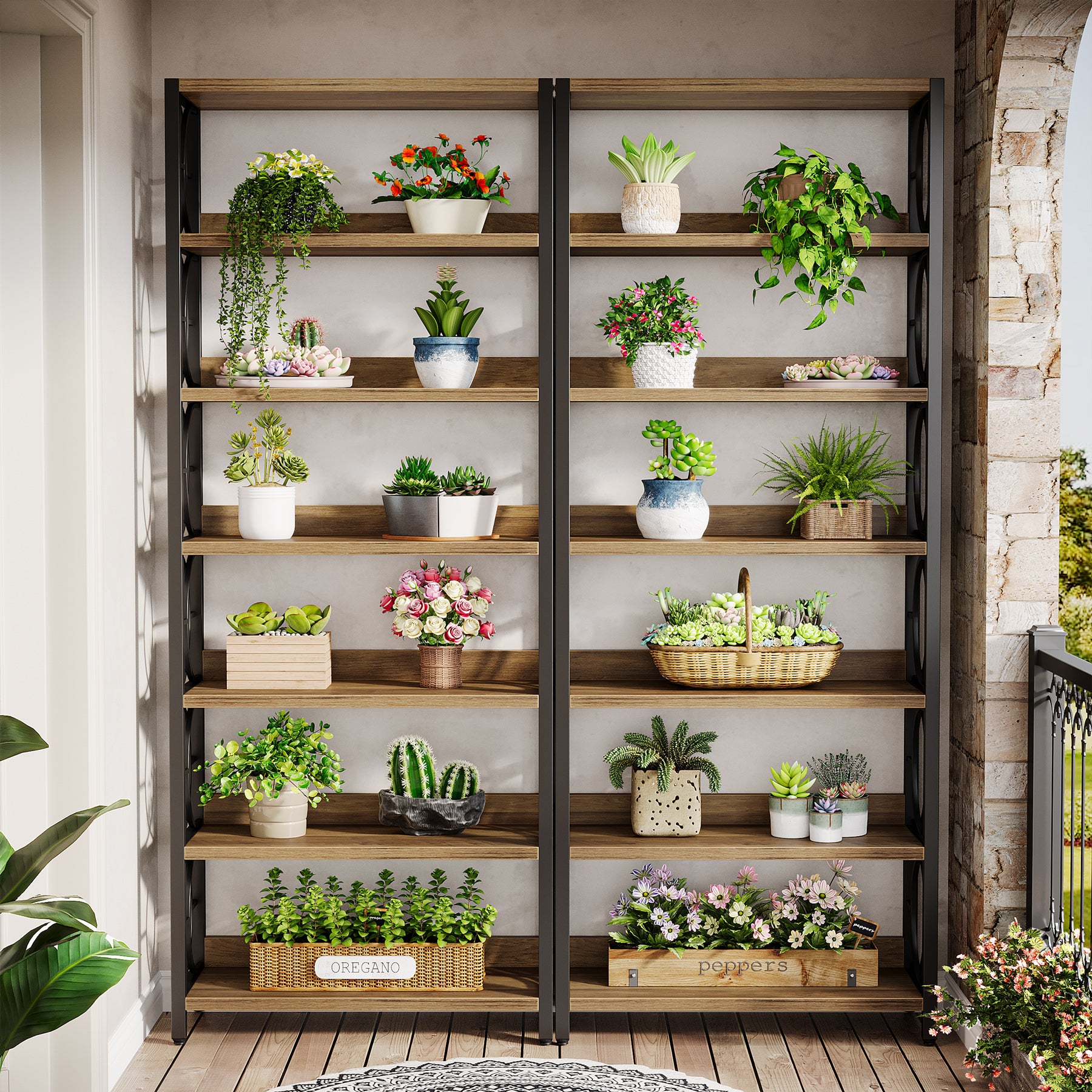 180 cm Houten Plantenstandaard met 6 Niveaus, Industrieel Vrijstaand Plantenrek in Rustiek Bruin en Zwart