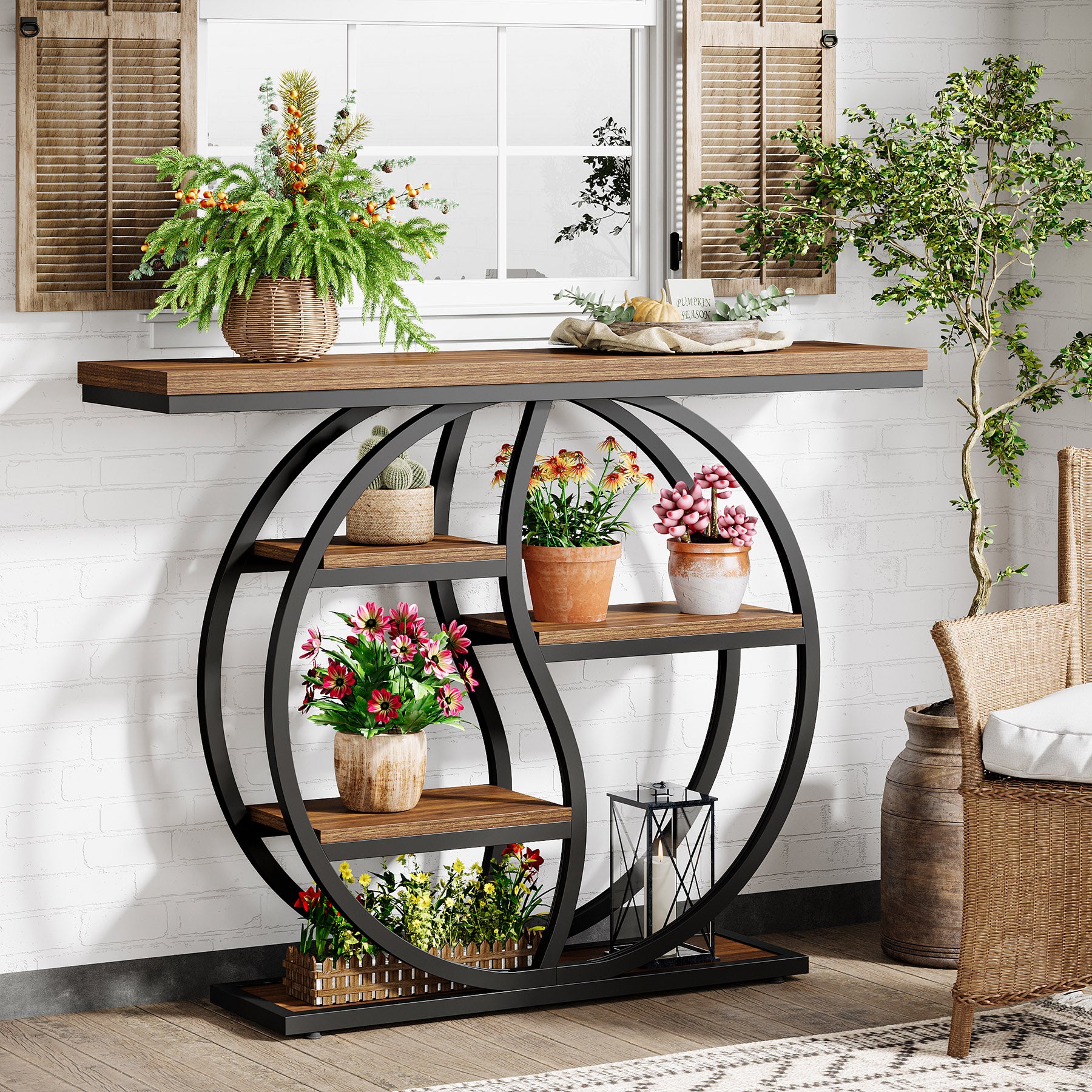 Consoletafel van 120 cm met 5 Lagen in Rustiek Bruin, Smalle Industriële Houten Hal- en Banktafel met Metalen Frame