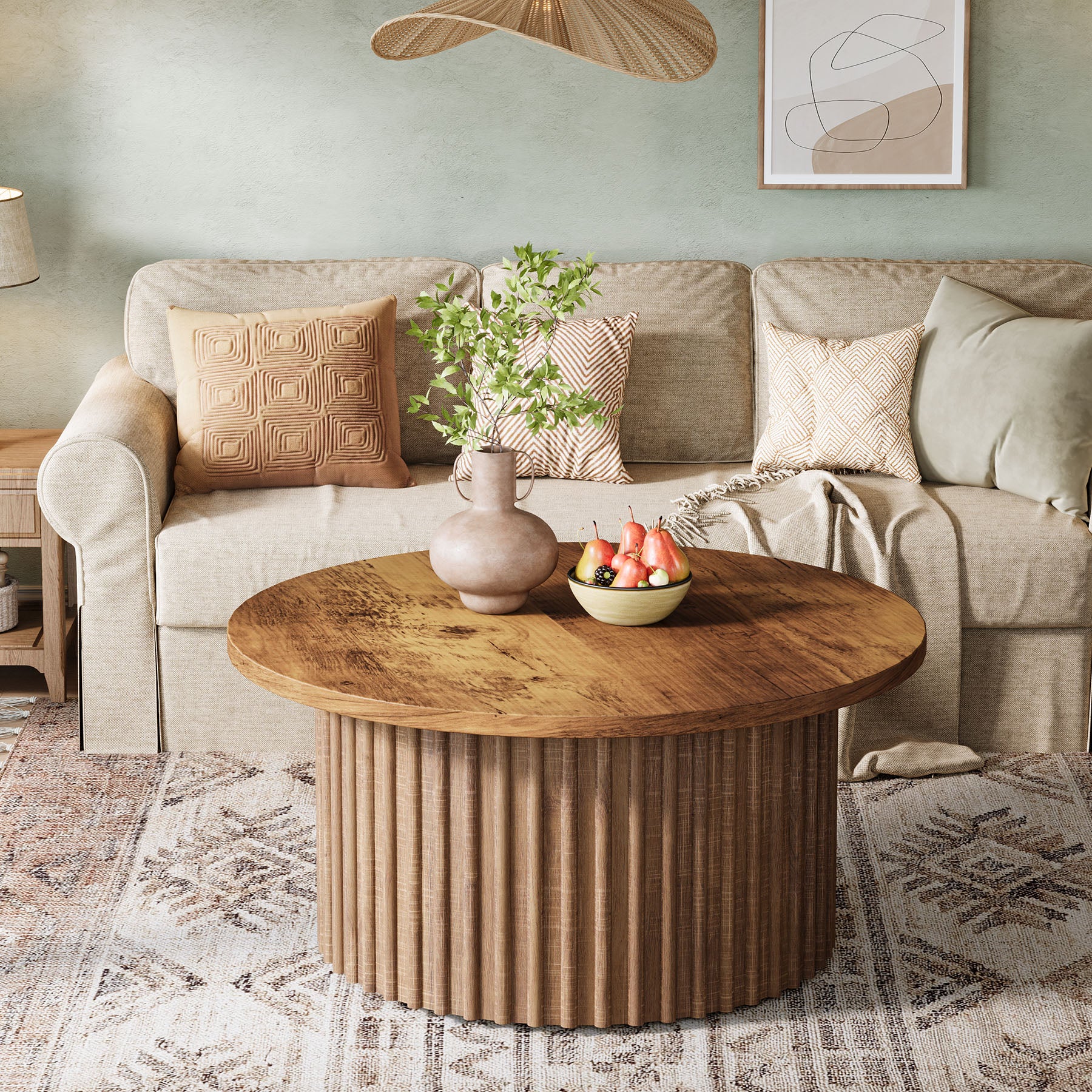 Ronde Salontafel 80 cm, Landelijke Cirkelvormige Tafel met Metalen Basis