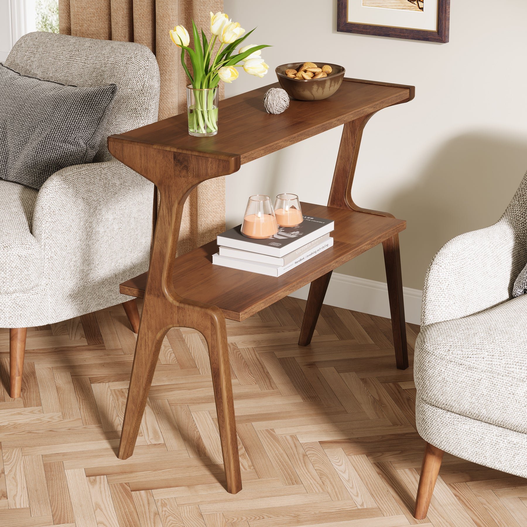 70 cm Tribesigns Bijzettafel van Massief Hout, Smalle 2-Laagse Tafel met Legplanken