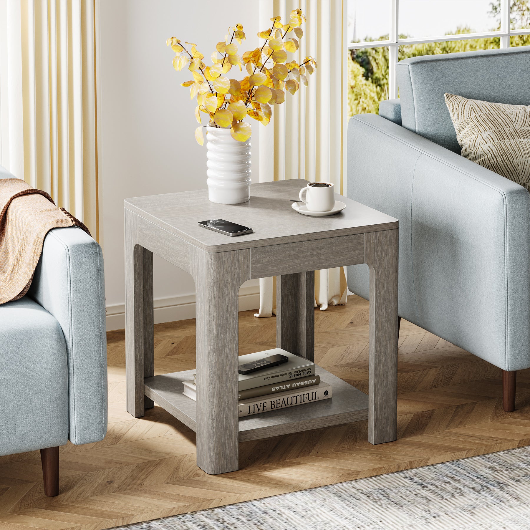 55 cm Tribesigns Bijzettafel, Tweedelige Nachtkast in Landelijke Stijl voor Woonkamer