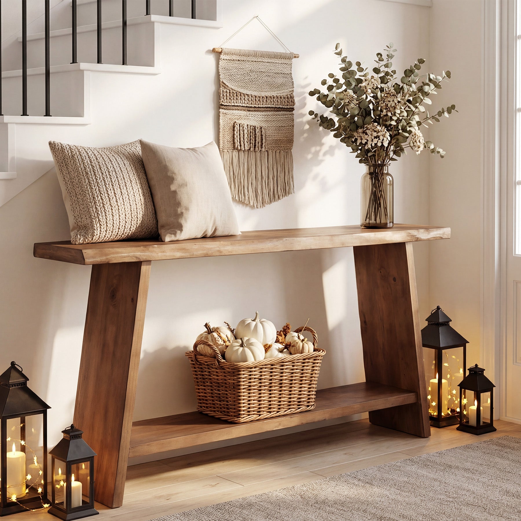 160 cm Massief Houten Consoletafel, 2-Laagse Sidetable voor Hal