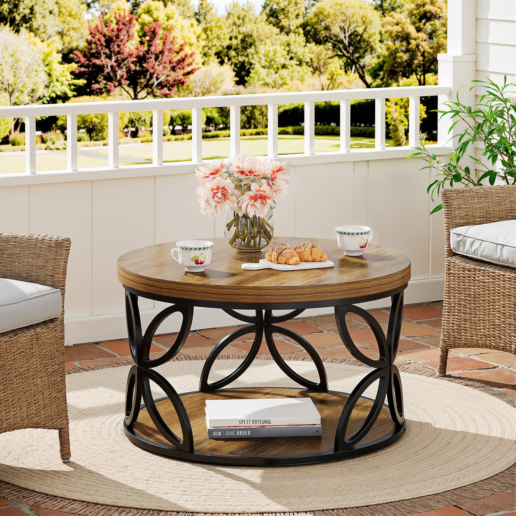 Ronde salontafel van 80 cm met opbergniveau, houten tafel met metalen frame voor woonkamer