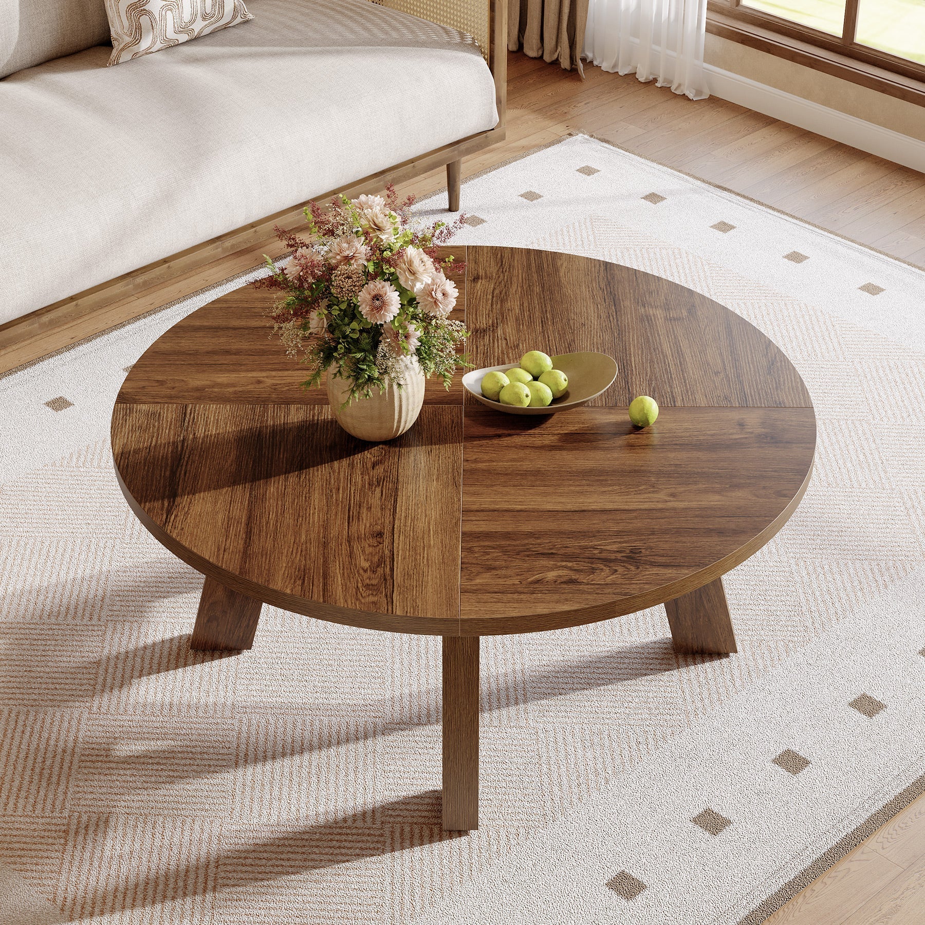 100 cm Ronde Midden-Eeuwse Moderne Salontafel met Kruisversteviging, Lage Houten Center Tafel